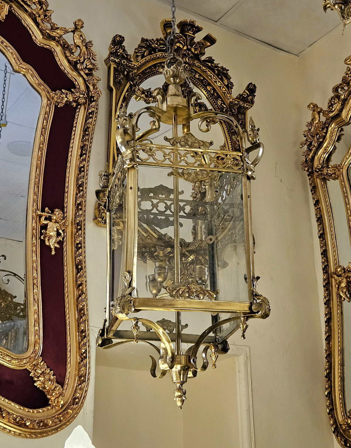 French Empire Lantern Chandelier – Rare Gilded Bronze & Gold Leaf Glass Cage Pendant