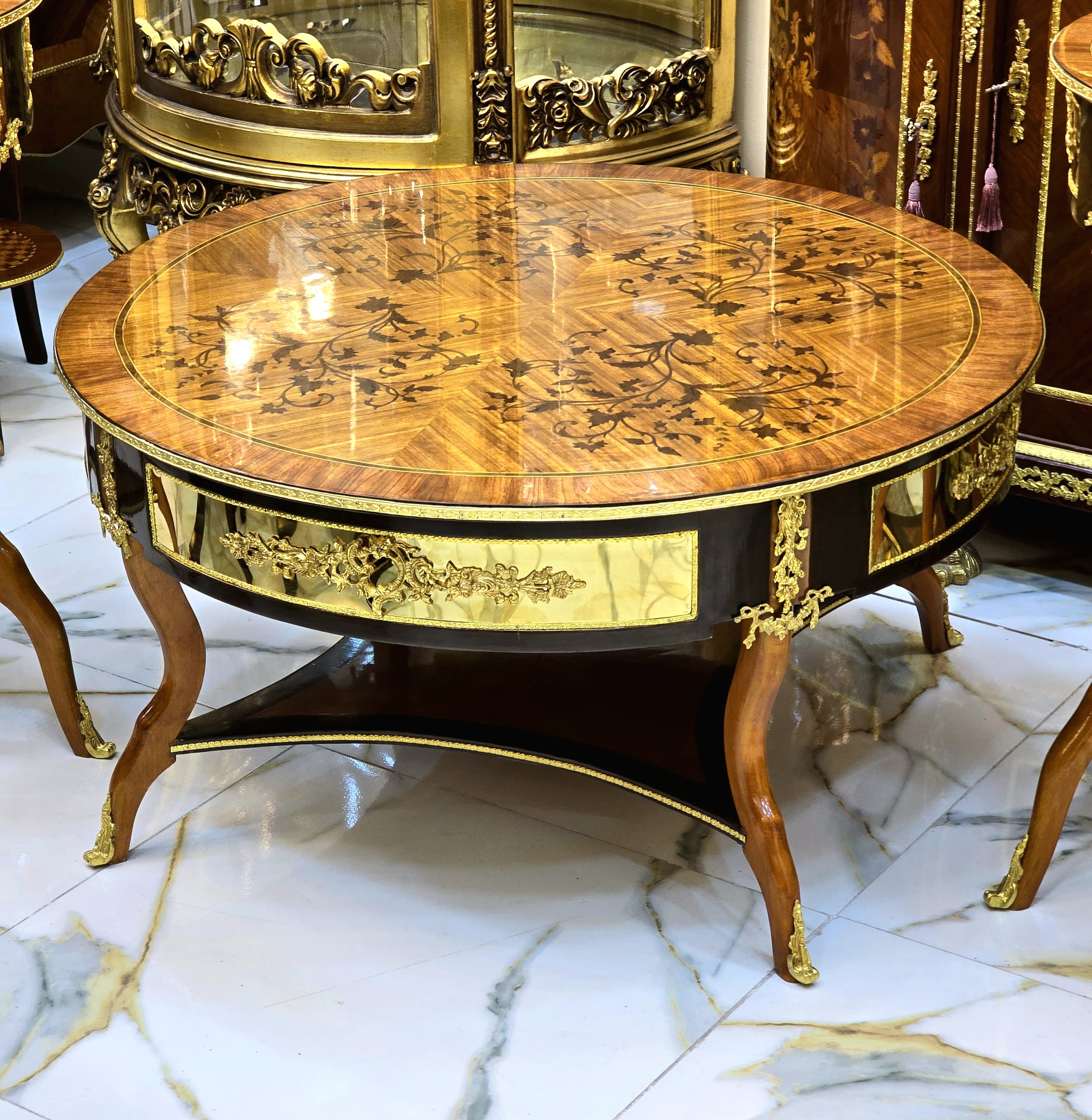 Grand French Louis XV Coffee Table – Oval Marquetry Wood Top with Gilded Gold Leaf Details & Cabriole Legs