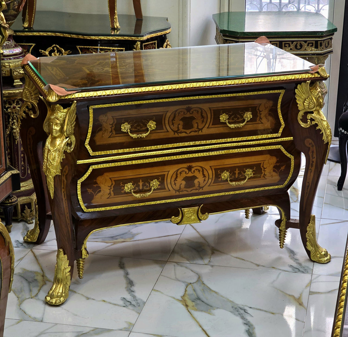 Ornate French Empire-Style Commode – Floral Marquetry Cabinet with Marble Top & Gilt Bronze Accents
