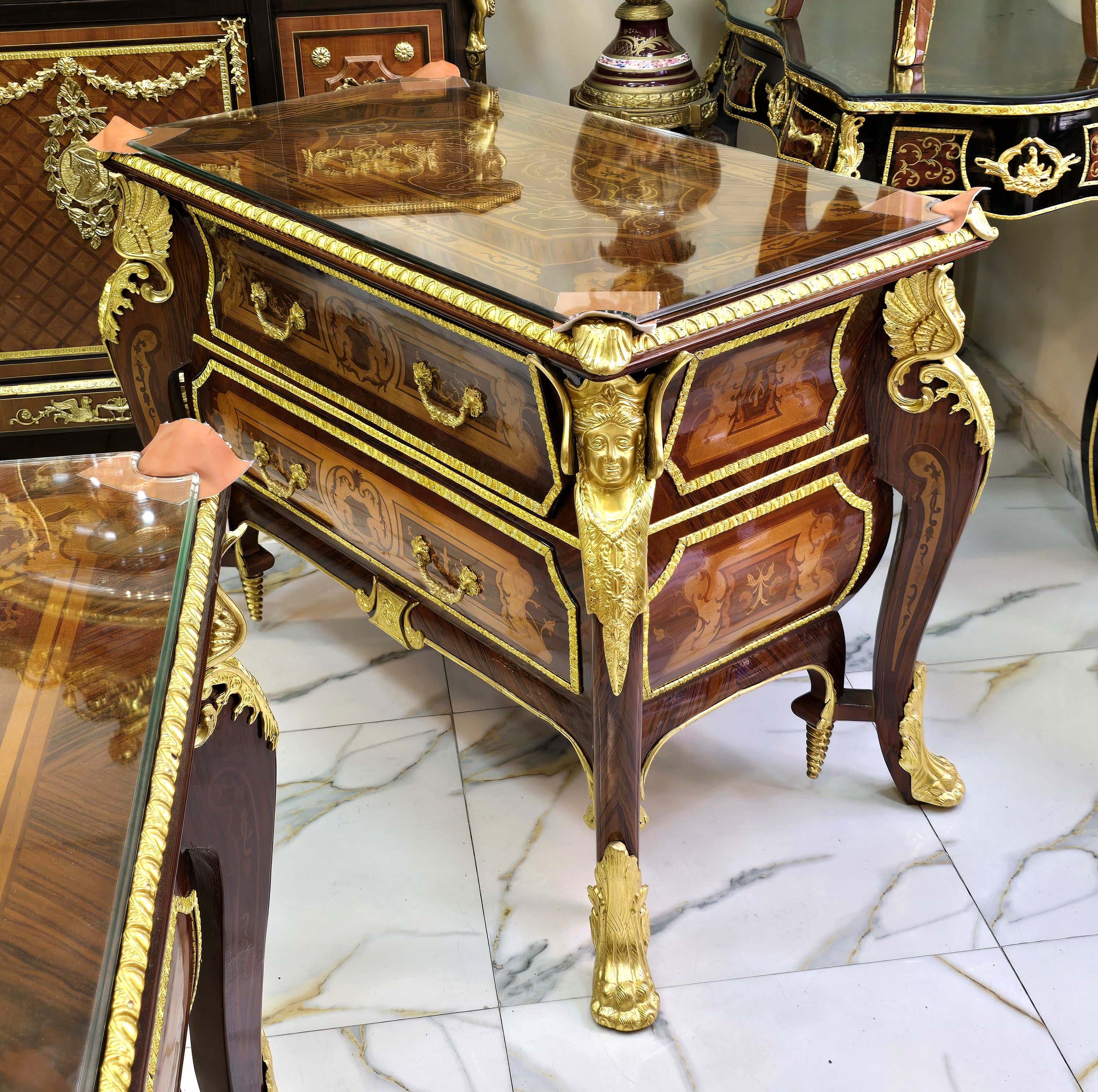 Ornate French Empire-Style Commode – Floral Marquetry Cabinet with Marble Top & Gilt Bronze Accents