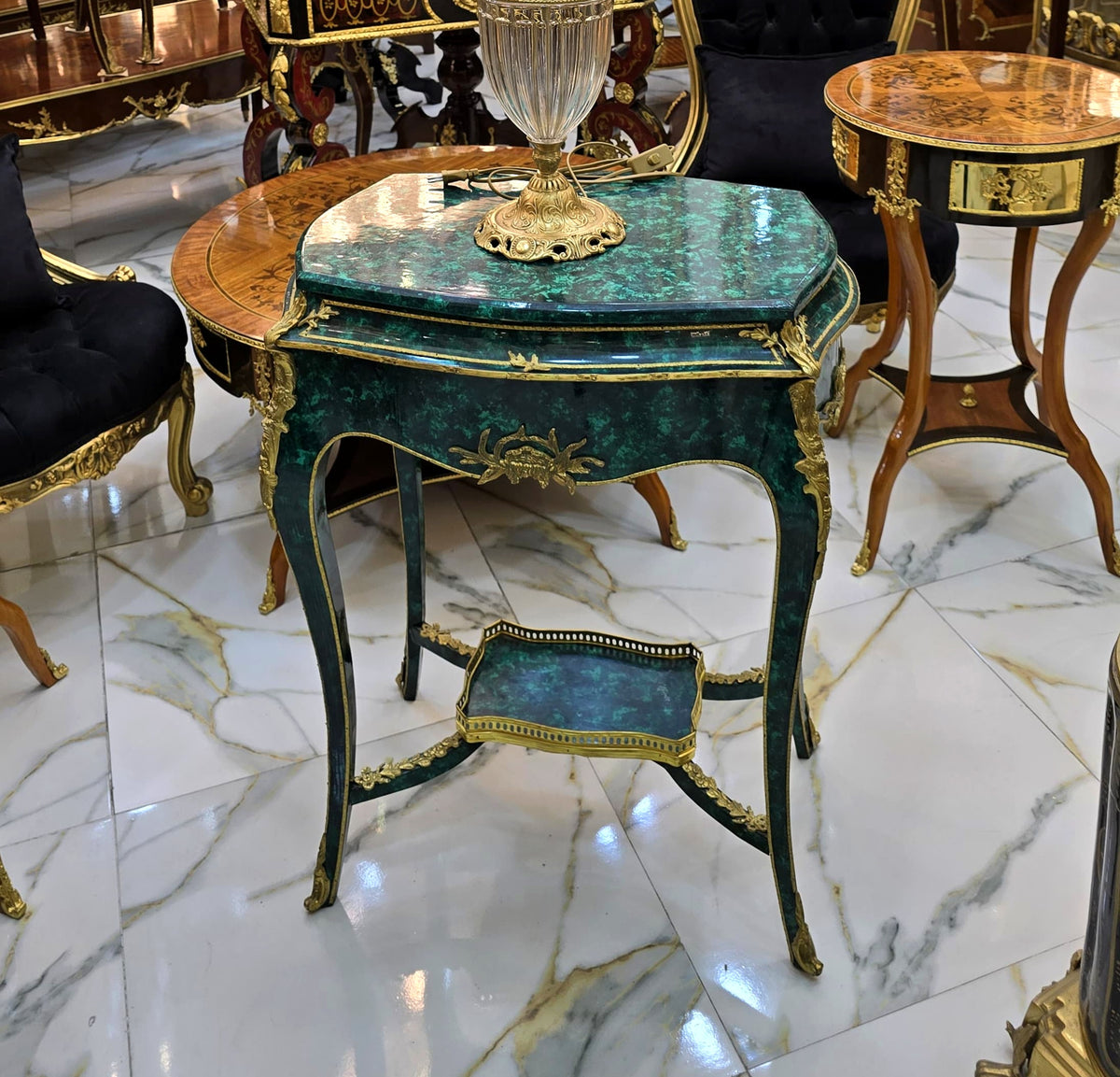 Decorative Green Accent Table – Bronze Ormolu Mounts with Gold Leaf Details