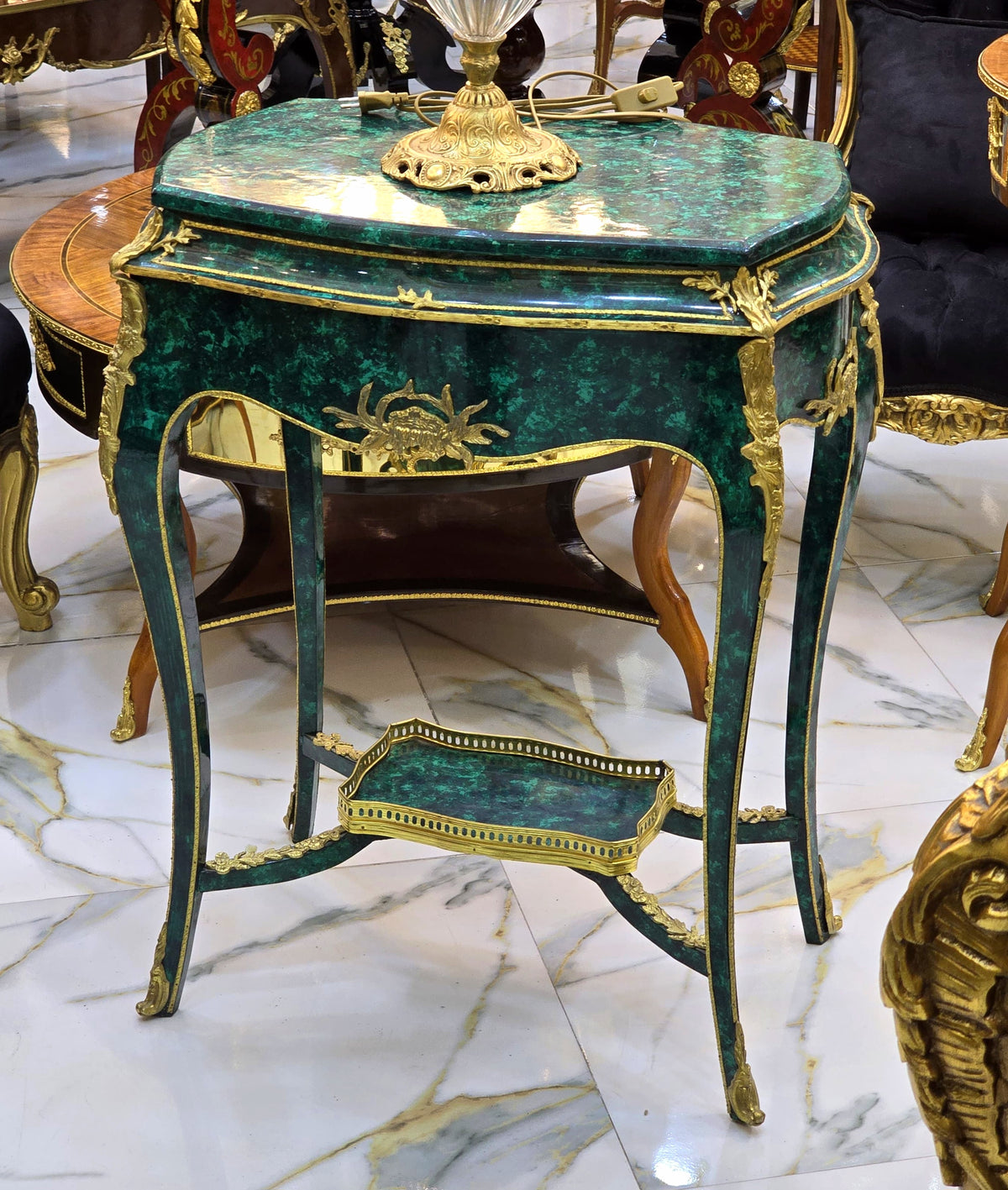 Decorative Green Accent Table – Bronze Ormolu Mounts with Gold Leaf Details