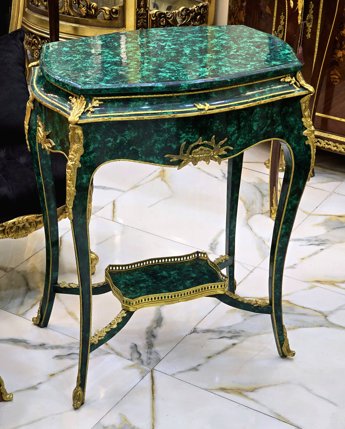 Decorative Green Accent Table – Bronze Ormolu Mounts with Gold Leaf Details