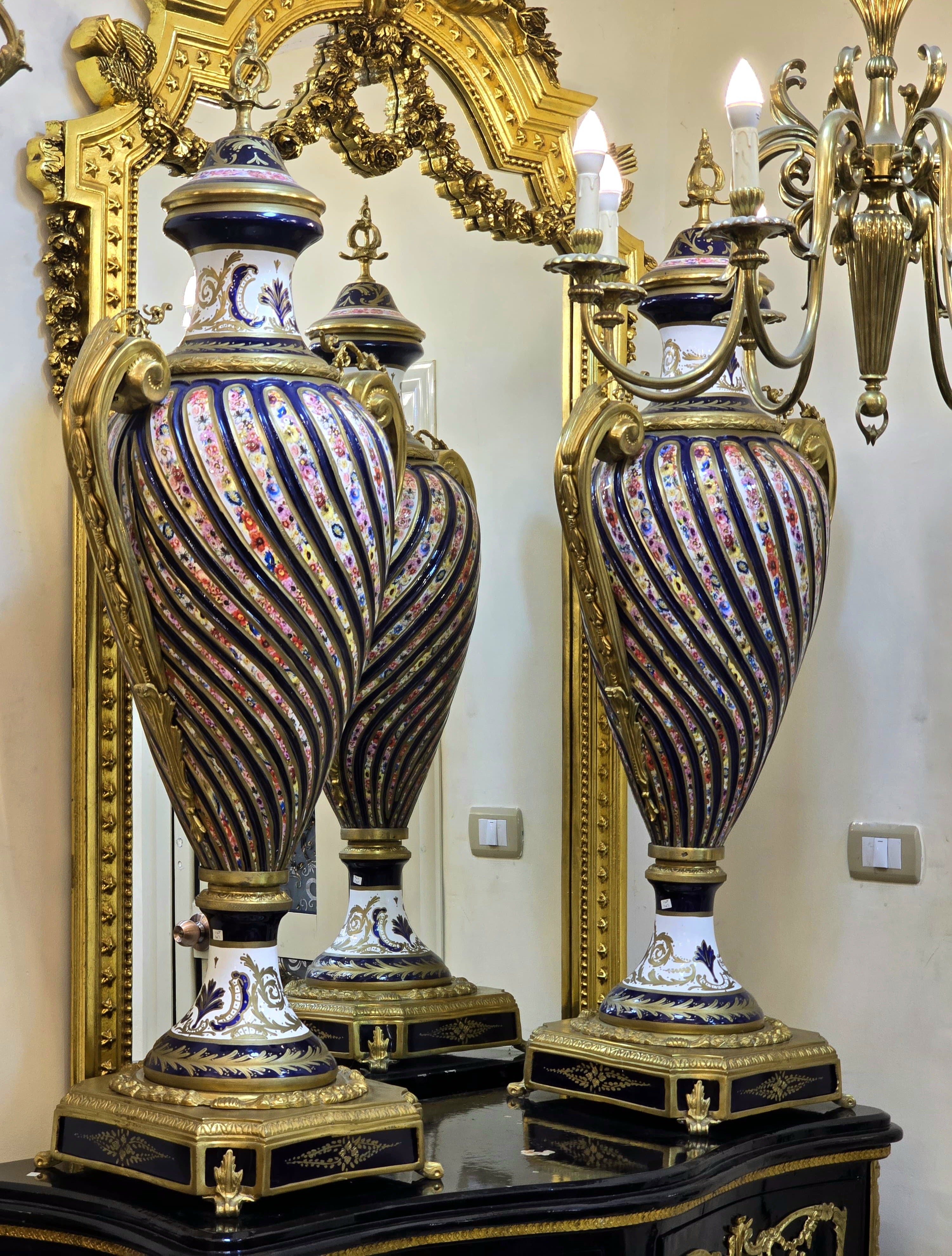 French Style Porcelain Vase with Blue, White & Burgundy Floral Design, Gold Leaf & Bronze Details