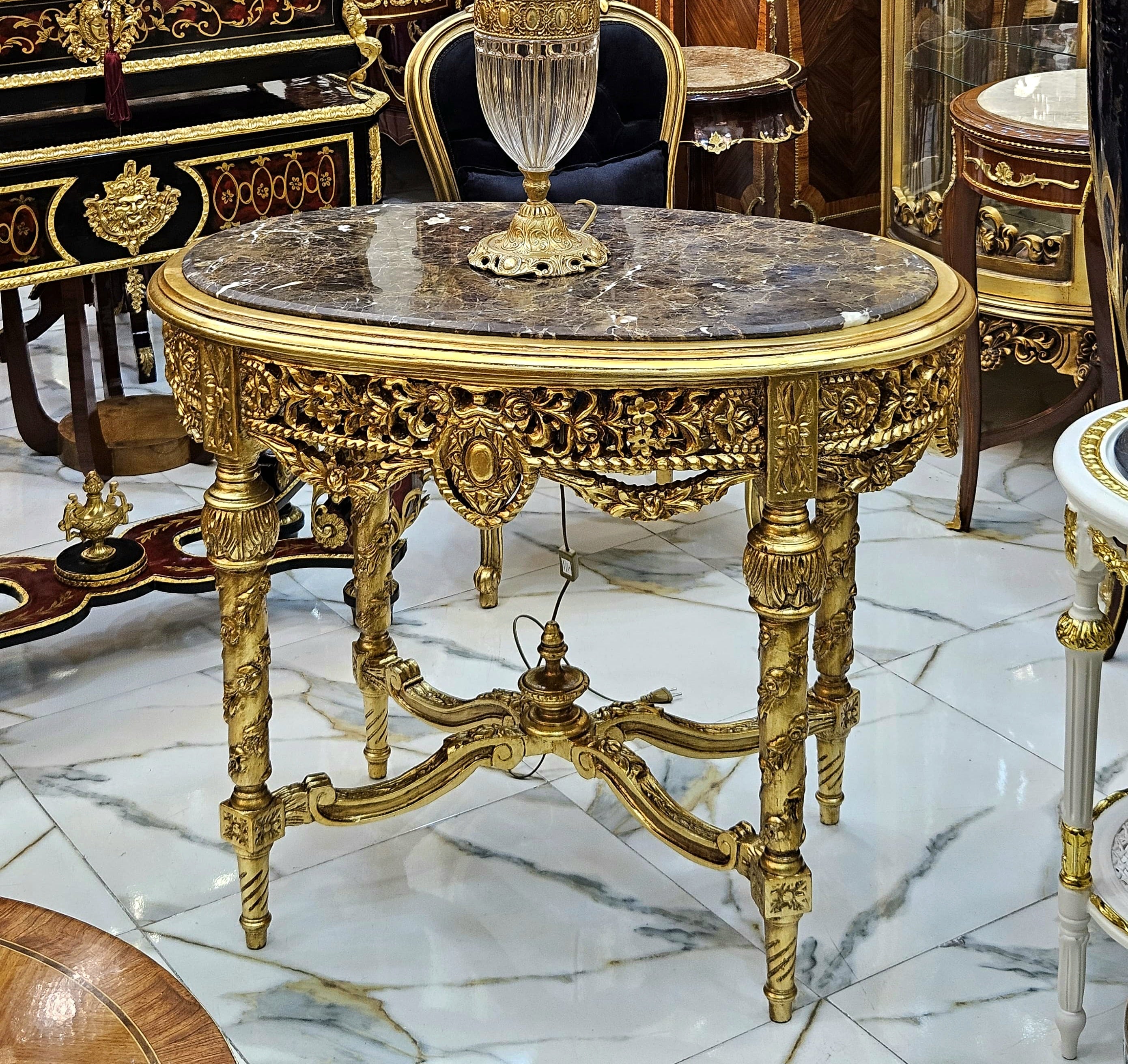 French Louis XVI Style Gold Leaf Coffee Table with Marble Top & Ornate Carved Details
