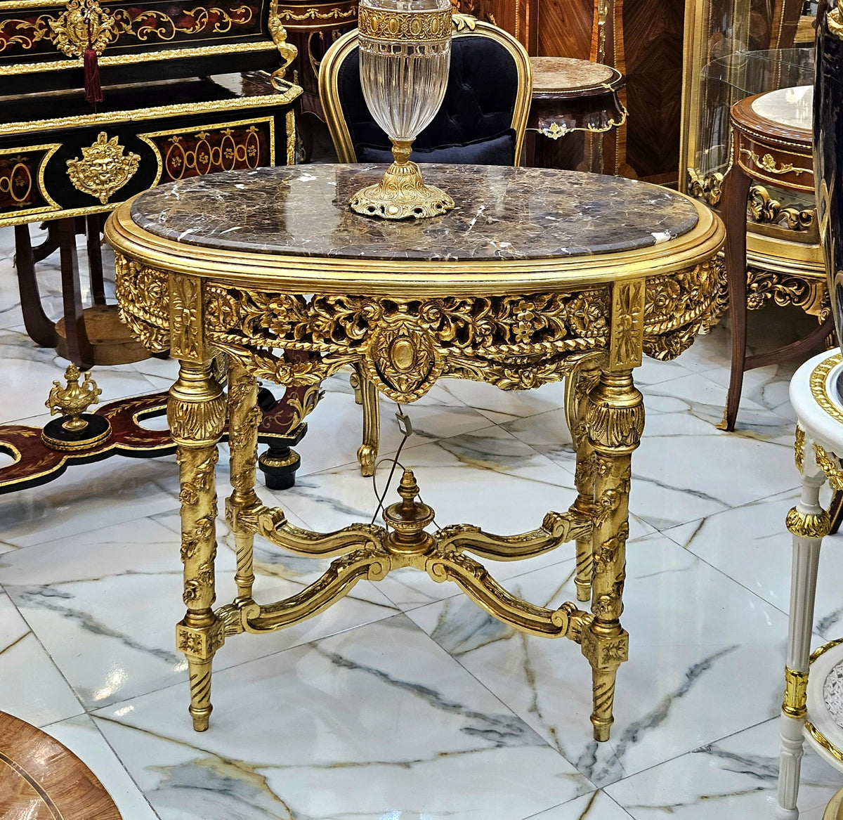 French Louis XVI Style Gold Leaf Coffee Table with Marble Top & Ornate Carved Details