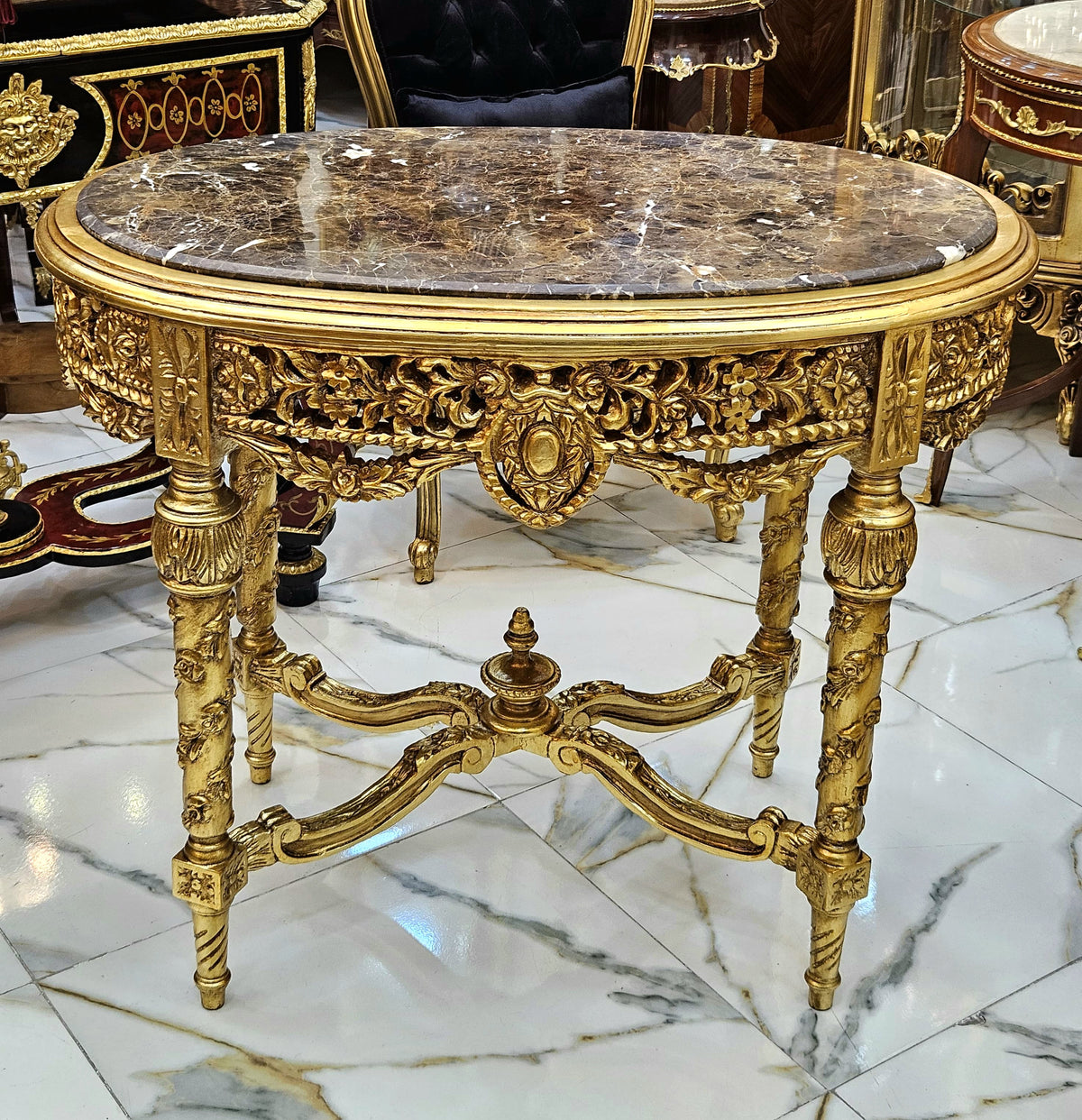 French Louis XVI Style Gold Leaf Coffee Table with Marble Top & Ornate Carved Details