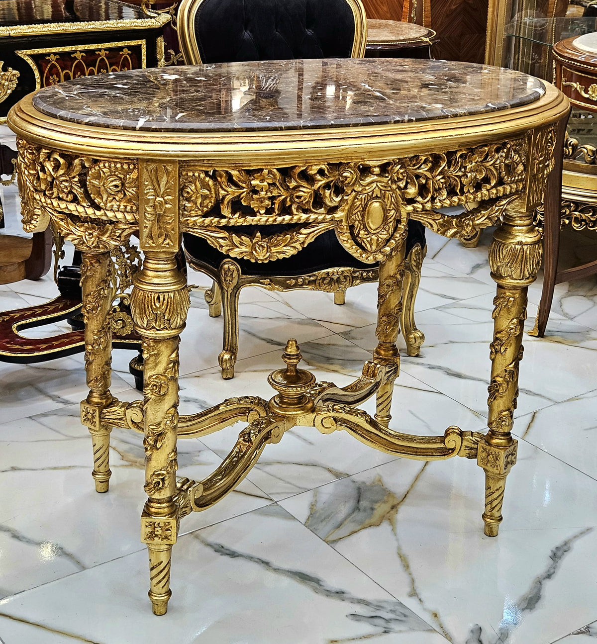 French Louis XVI Style Gold Leaf Coffee Table with Marble Top & Ornate Carved Details