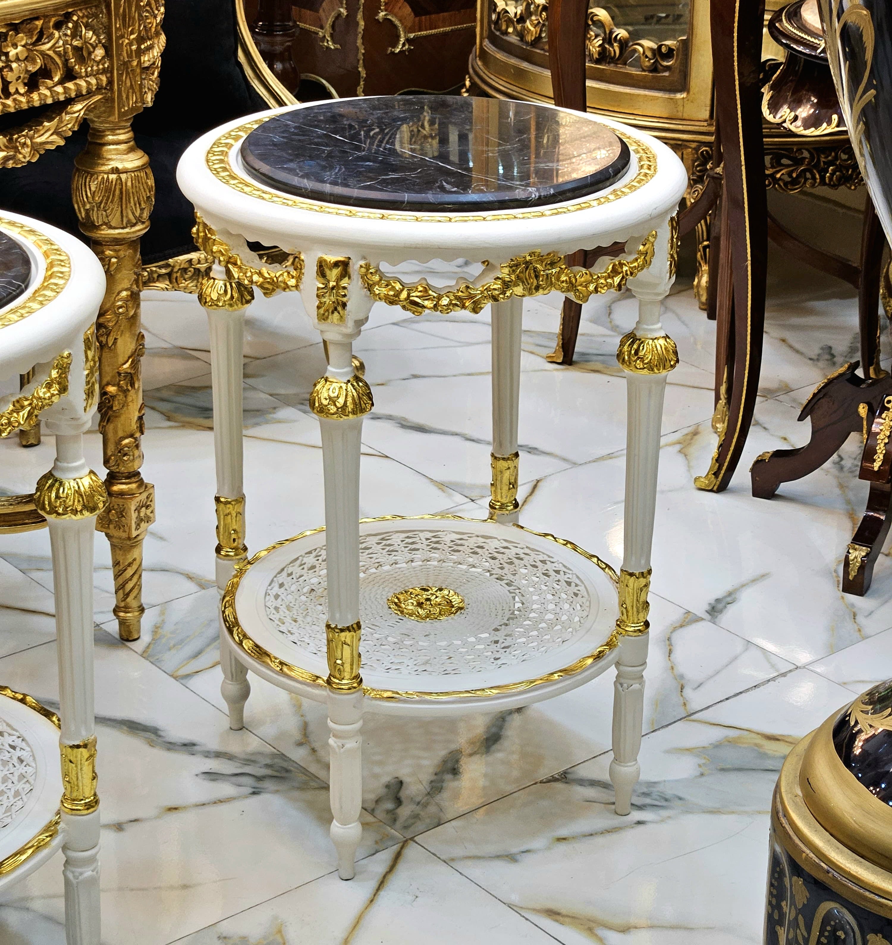 French Style Gold Leaf Side Table – Black Marble Top with Ornate White & Gilt Frame
