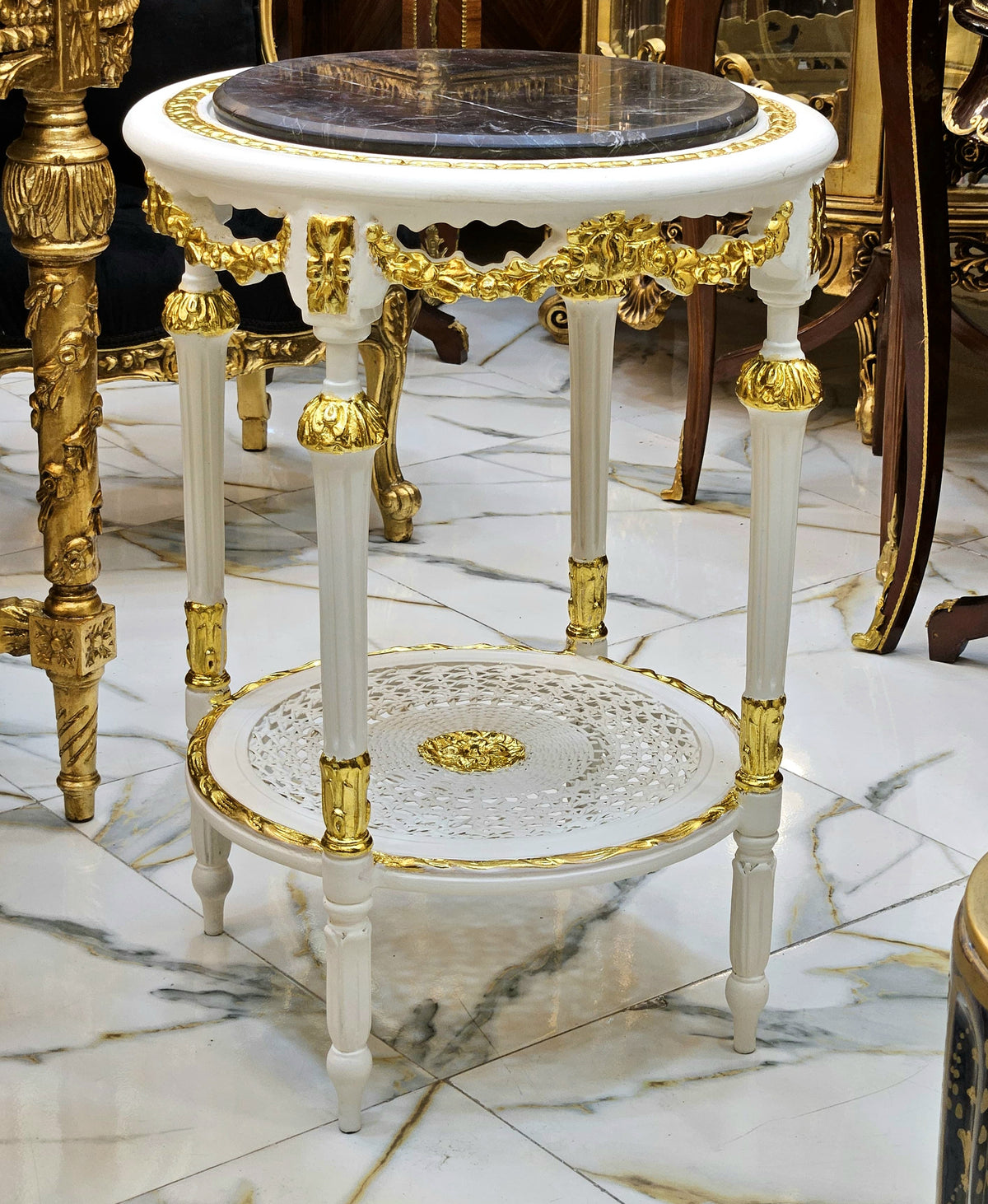 French Style Gold Leaf Side Table – Black Marble Top with Ornate White & Gilt Frame