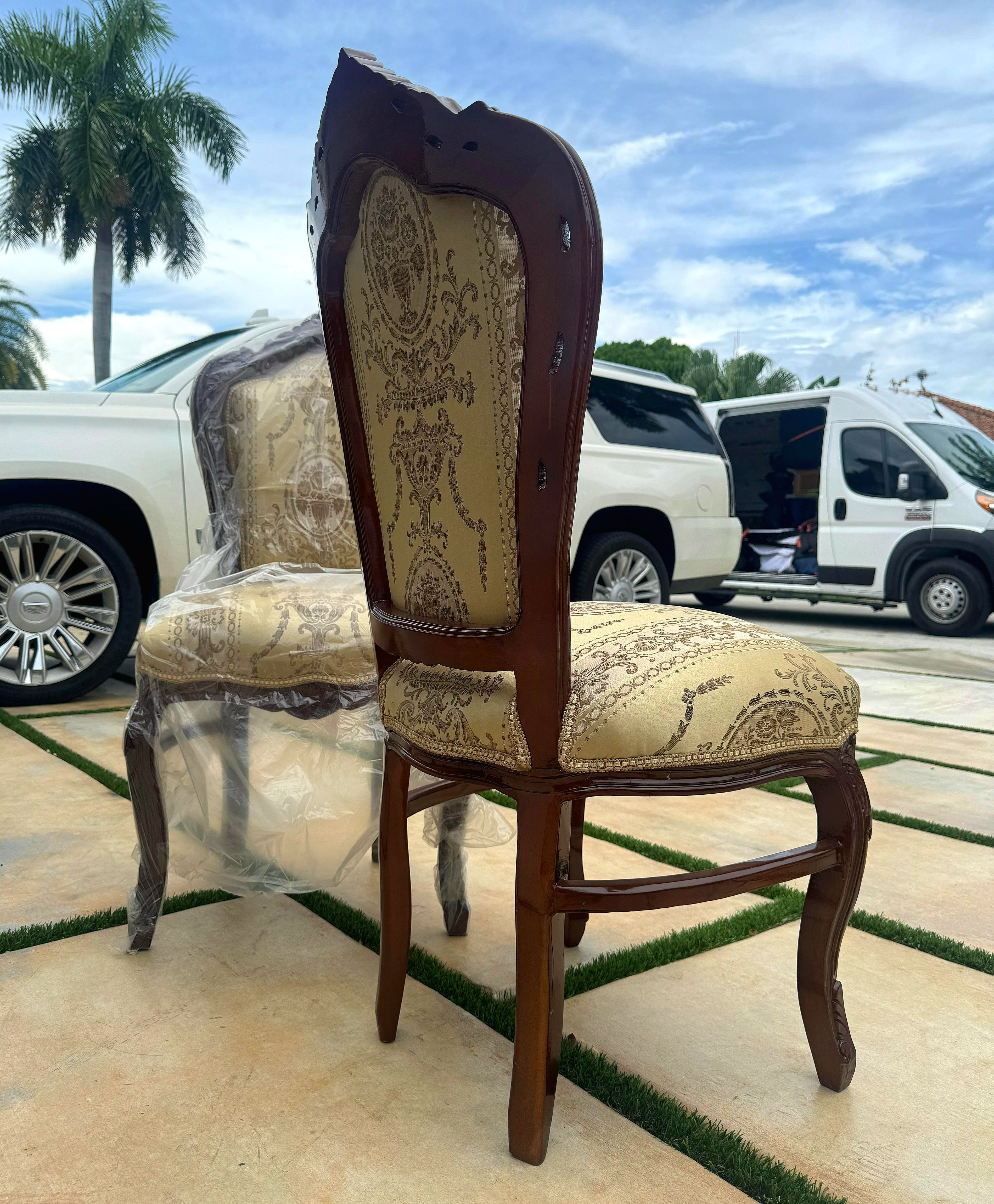 Classic French Louis XV Style Dining Chair – Carved Dark Wood Frame with Ivory & Gold Damask Upholstery