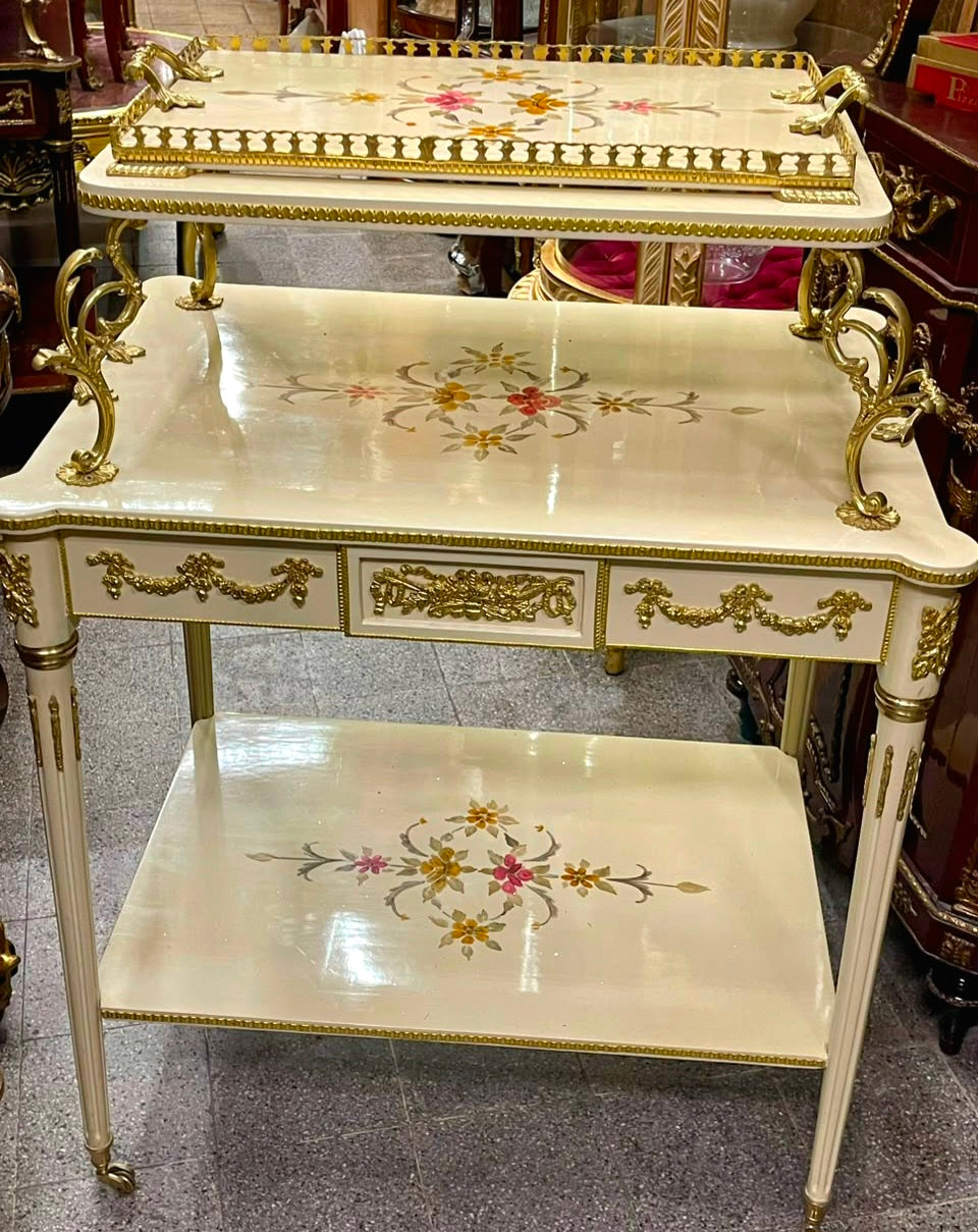 French-Style White Serving Table – Gold Leaf Details, Floral Inlay & 3-Tier Design
