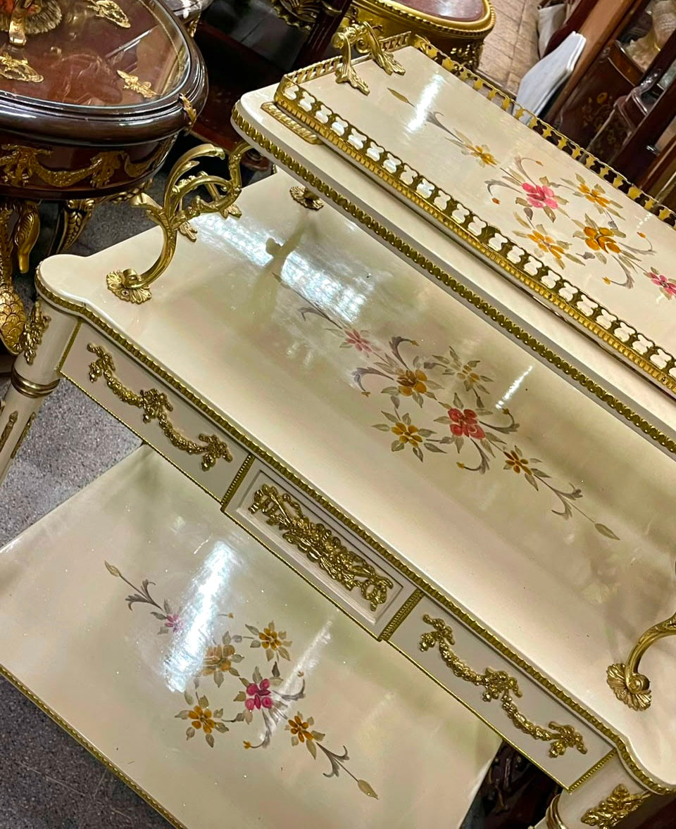 French-Style White Serving Table – Gold Leaf Details, Floral Inlay & 3-Tier Design