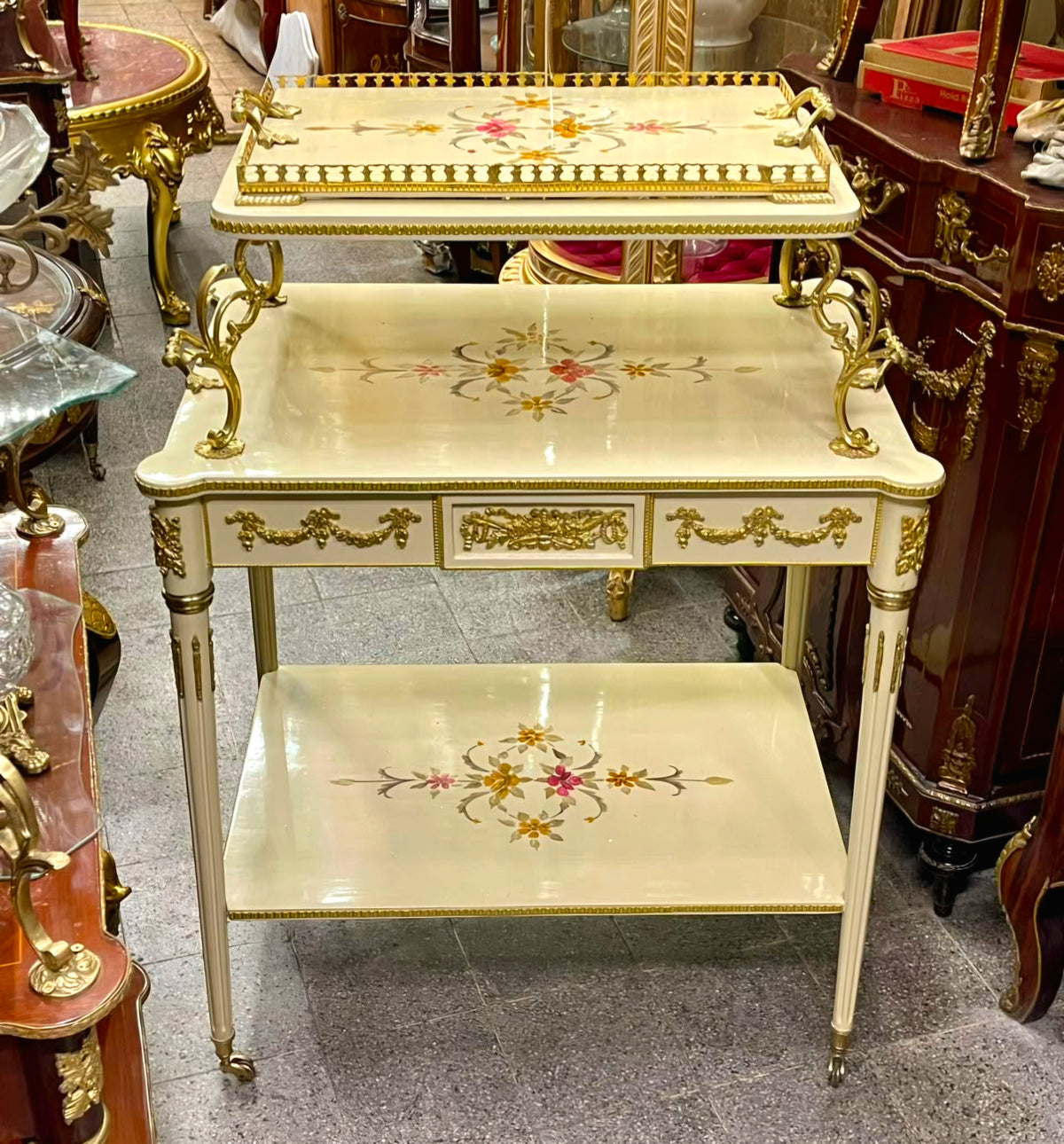 French-Style White Serving Table – Gold Leaf Details, Floral Inlay & 3-Tier Design