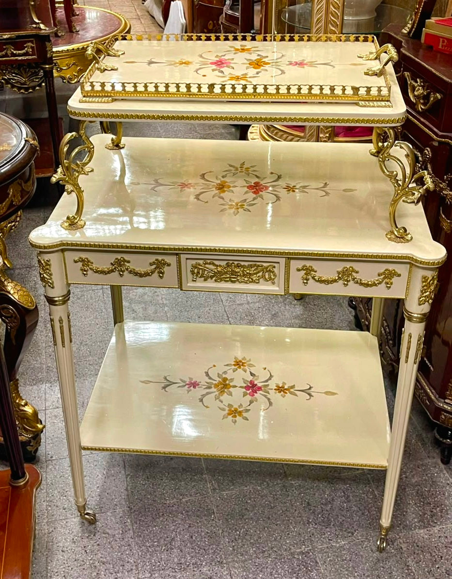 French-Style White Serving Table – Gold Leaf Details, Floral Inlay & 3-Tier Design