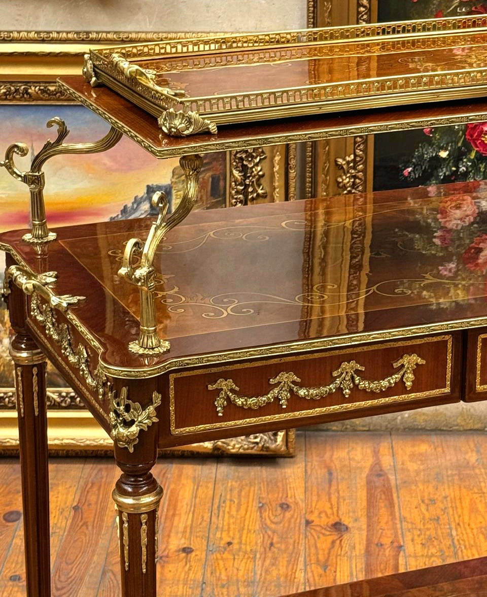 French Louis XVI Style Rolling Serving Table – Wood with Gold Leaf Details, 3 Drawers & Casters