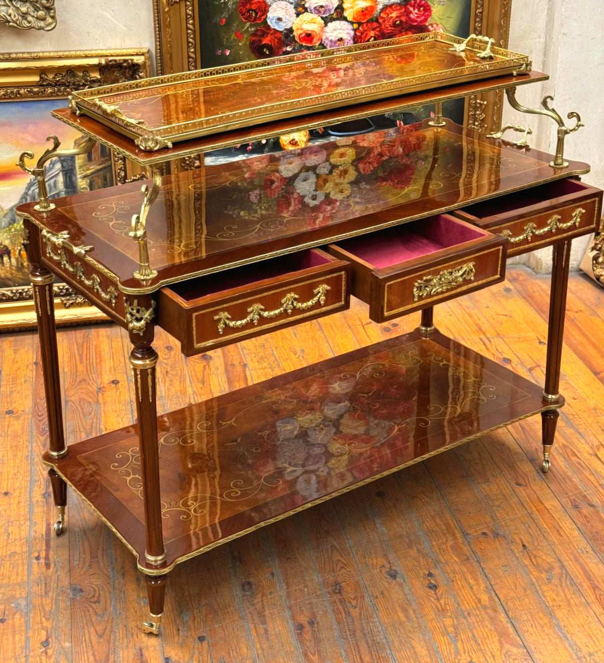 French Louis XVI Style Rolling Serving Table – Wood with Gold Leaf Details, 3 Drawers & Casters