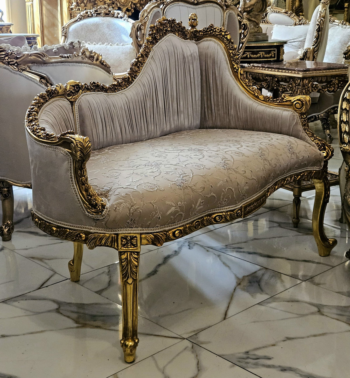 French Rococo Style Settee Sofa – Beige Embroidered Upholstery with Ornate Gold Leaf Frame
