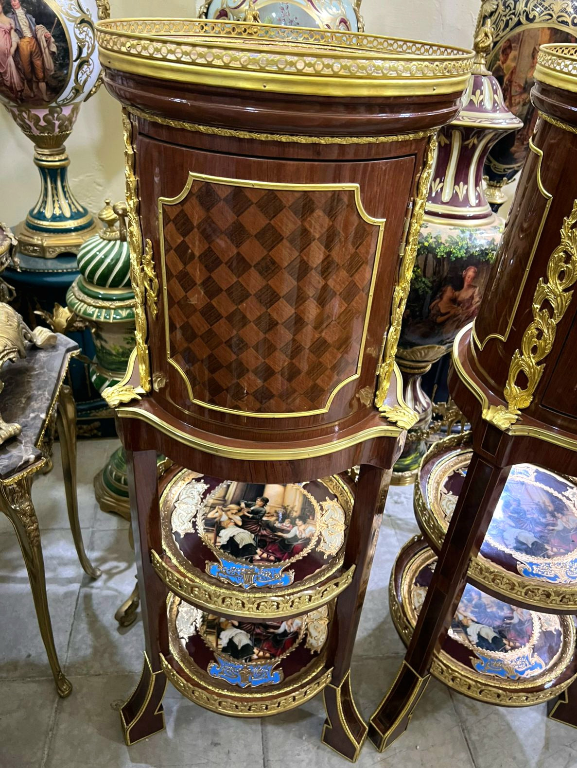 Ornate French Louis XVI Style Side Table – Hand-Painted Floral Panels, Gold Leaf & Decorative Shelving