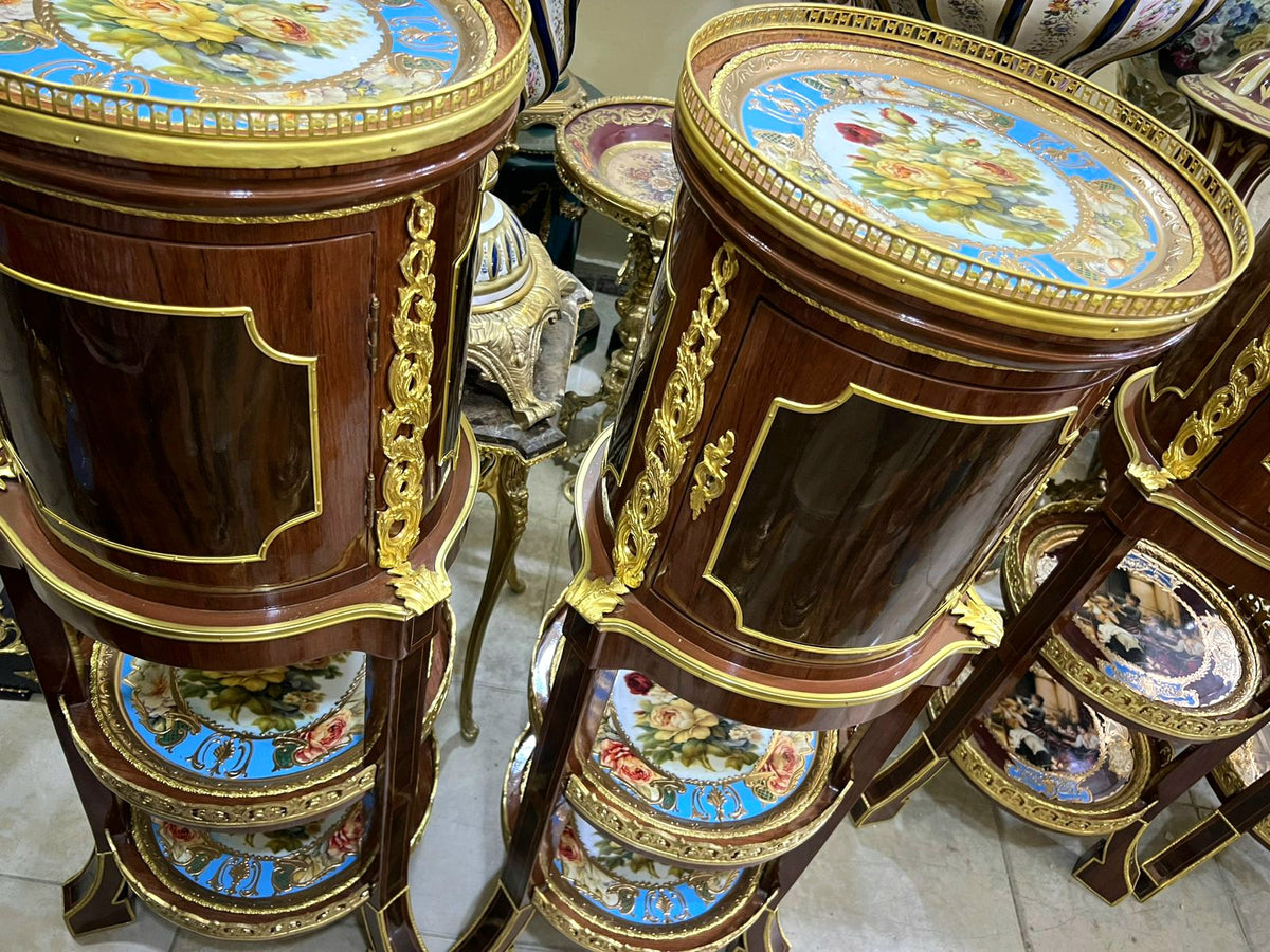 Ornate French Louis XVI Style Side Table – Hand-Painted Floral Panels, Gold Leaf & Decorative Shelving