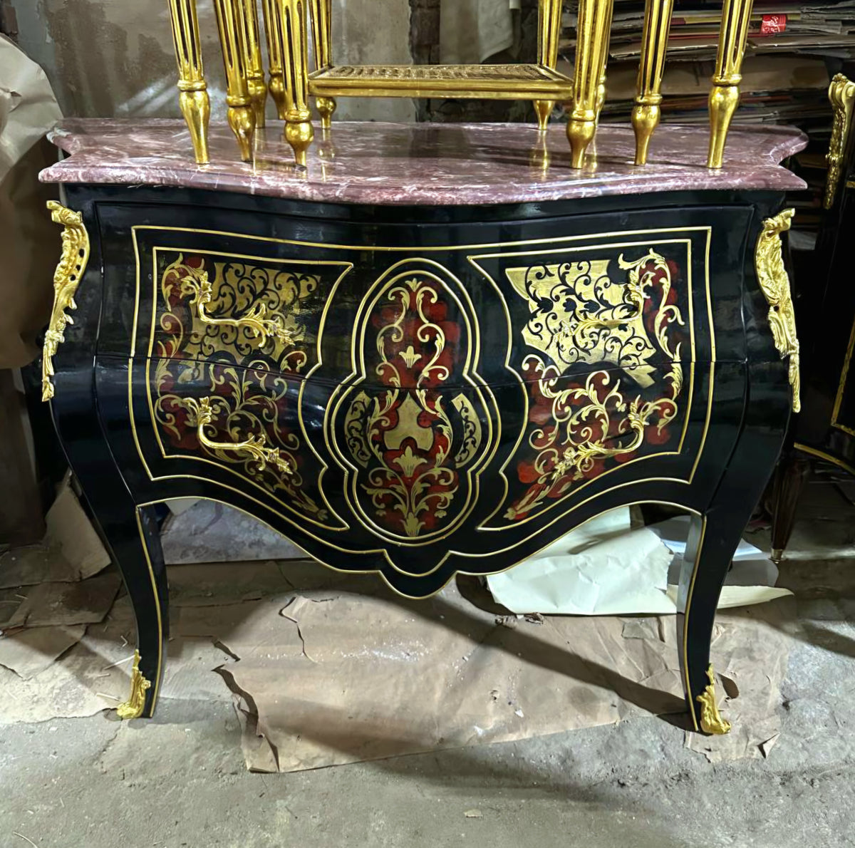 French Boulle-Inspired Commode – Dark Wood Cabinet with Gilded Ornaments & Two Spacious Drawers