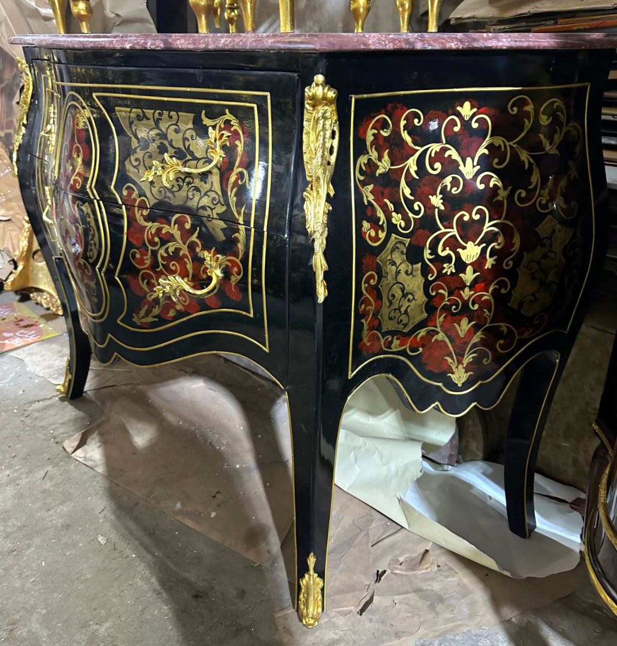 French Boulle-Inspired Commode – Dark Wood Cabinet with Gilded Ornaments & Two Spacious Drawers
