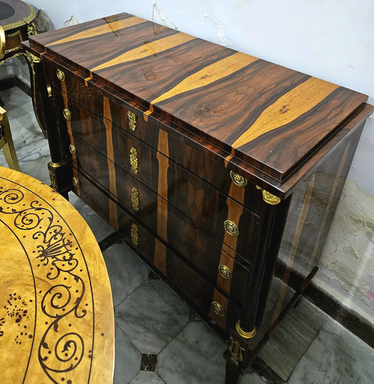 Grand French Louis XVI Style Commode – Four Spacious Drawers, Exotic Wood Inlay & Gold Leaf Details