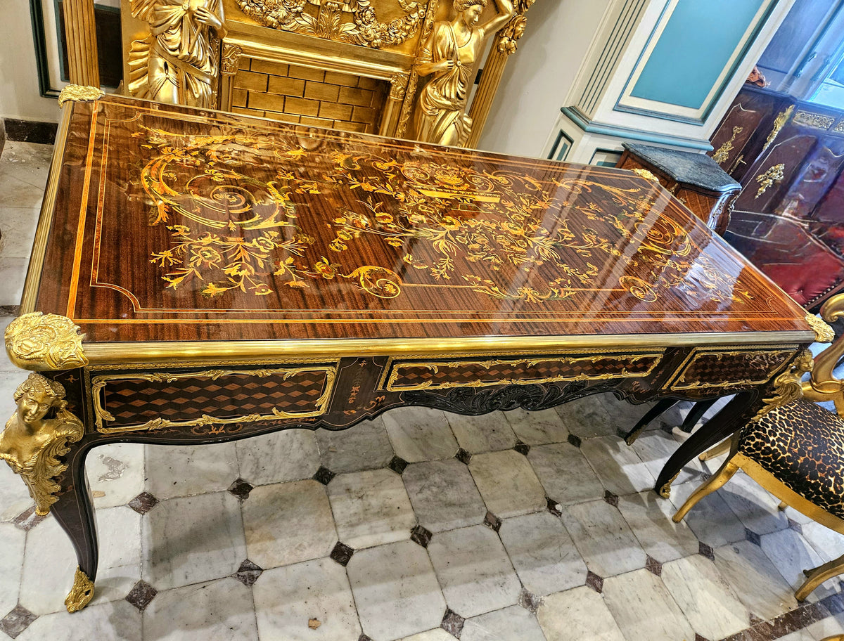 Grand French-Style Executive Desk – Intricate Marquetry Top, 3 Spacious Drawers & Gilded Bronze Details