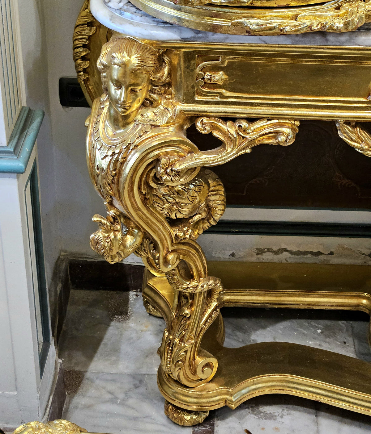 Grand French-Style Console Table – Marble Top with Ornate Gold Leaf & Gilded Bronze Details
