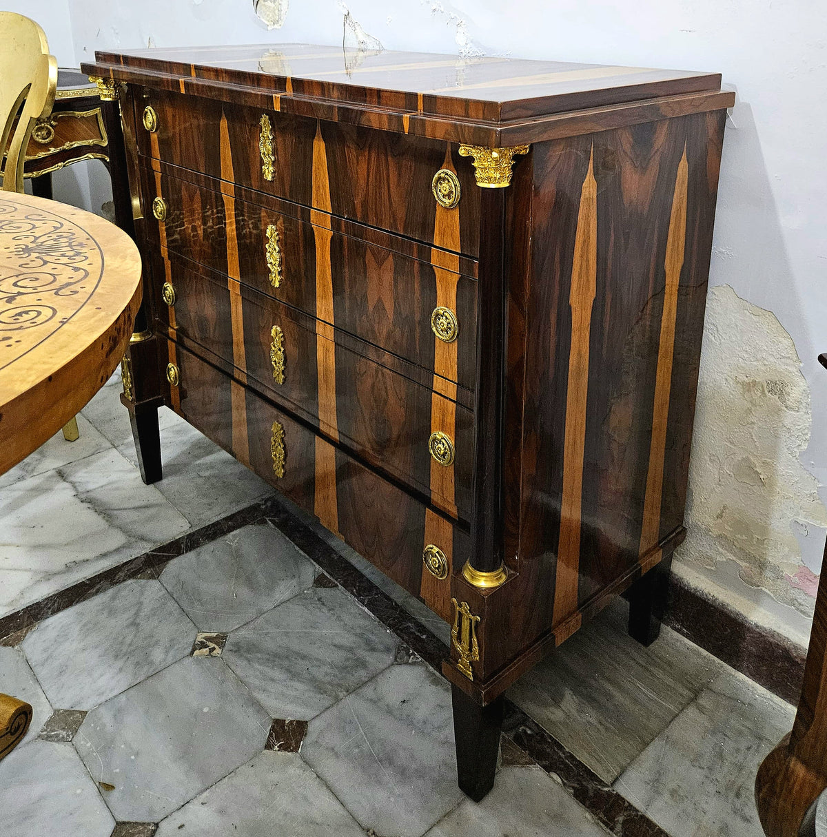 Grand French Louis XVI Style Commode – Four Spacious Drawers, Exotic Wood Inlay & Gold Leaf Details