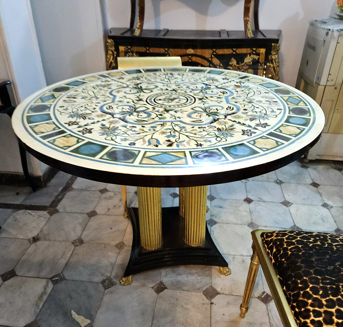 Grand French-Style Round Dining Table – Ornate Marble Top with Gilded Columns & Black Base