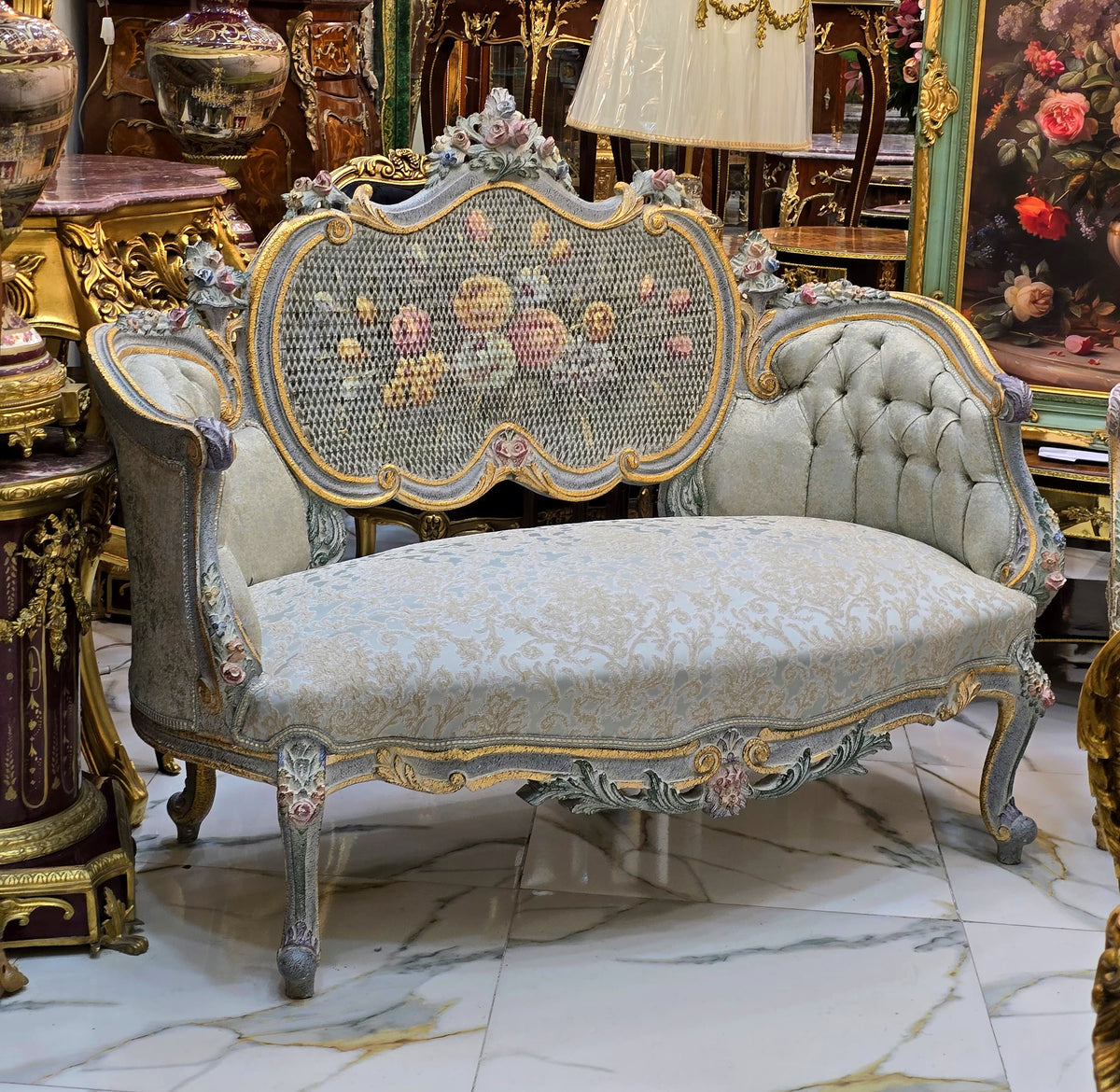 French Rococo-Style Settee – Pastel Blue & Floral Upholstery with Ornate Gold Leaf Frame