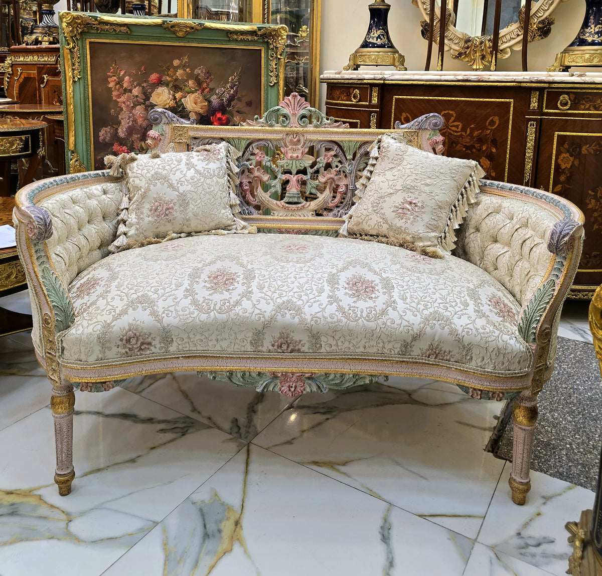 French Rococo-Style Sofa – Pastel Floral Upholstery with Ornate Gold Leaf & Carved Frame