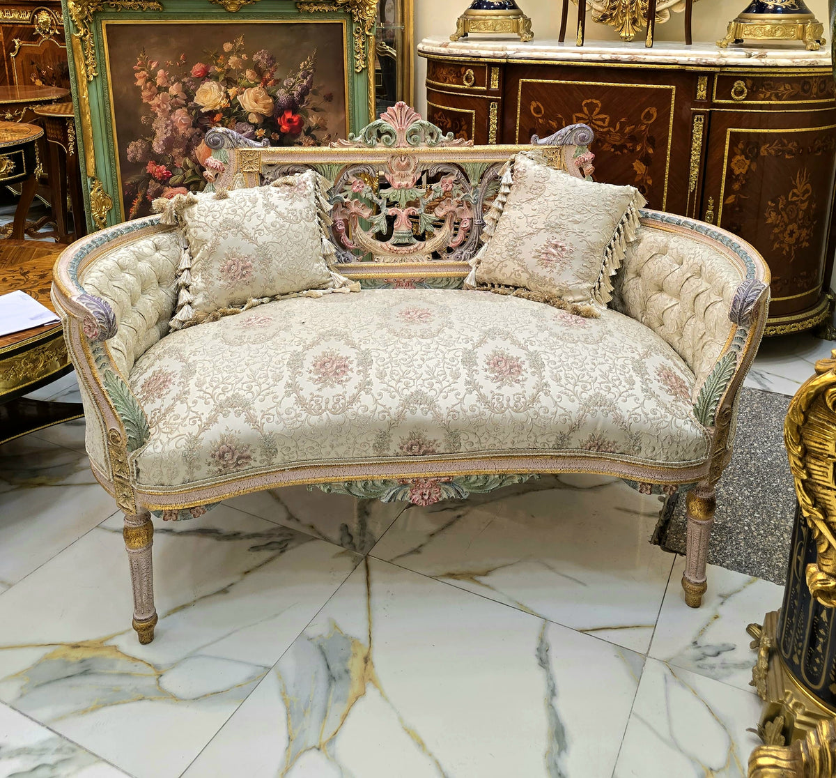 French Rococo-Style Sofa – Pastel Floral Upholstery with Ornate Gold Leaf & Carved Frame