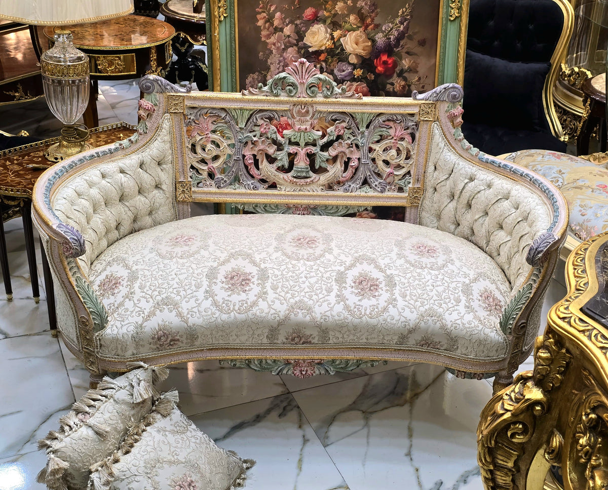 French Rococo-Style Sofa – Pastel Floral Upholstery with Ornate Gold Leaf & Carved Frame