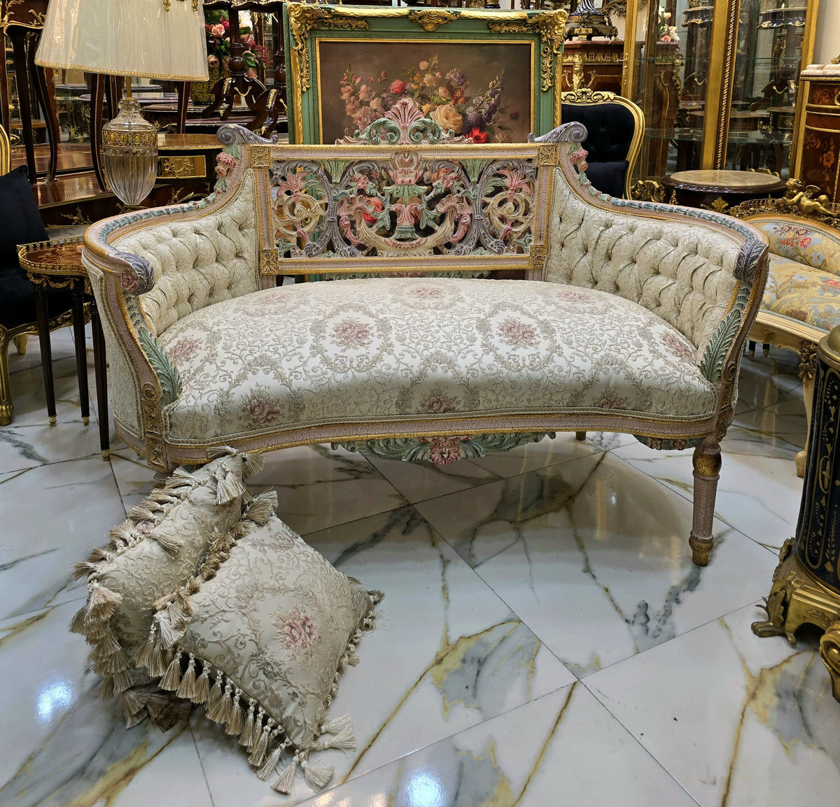 French Rococo-Style Sofa – Pastel Floral Upholstery with Ornate Gold Leaf & Carved Frame