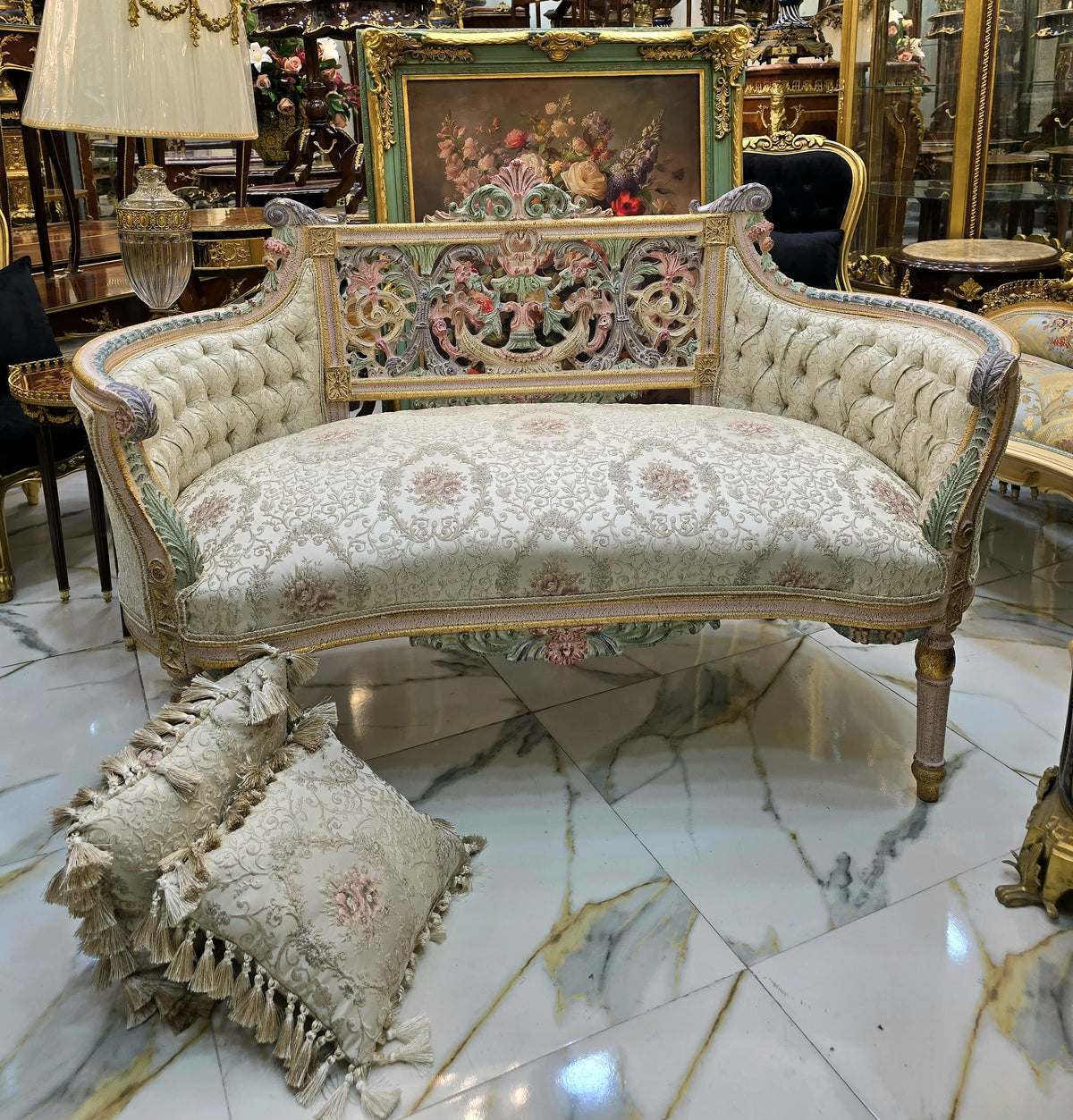 French Rococo-Style Sofa – Pastel Floral Upholstery with Ornate Gold Leaf & Carved Frame