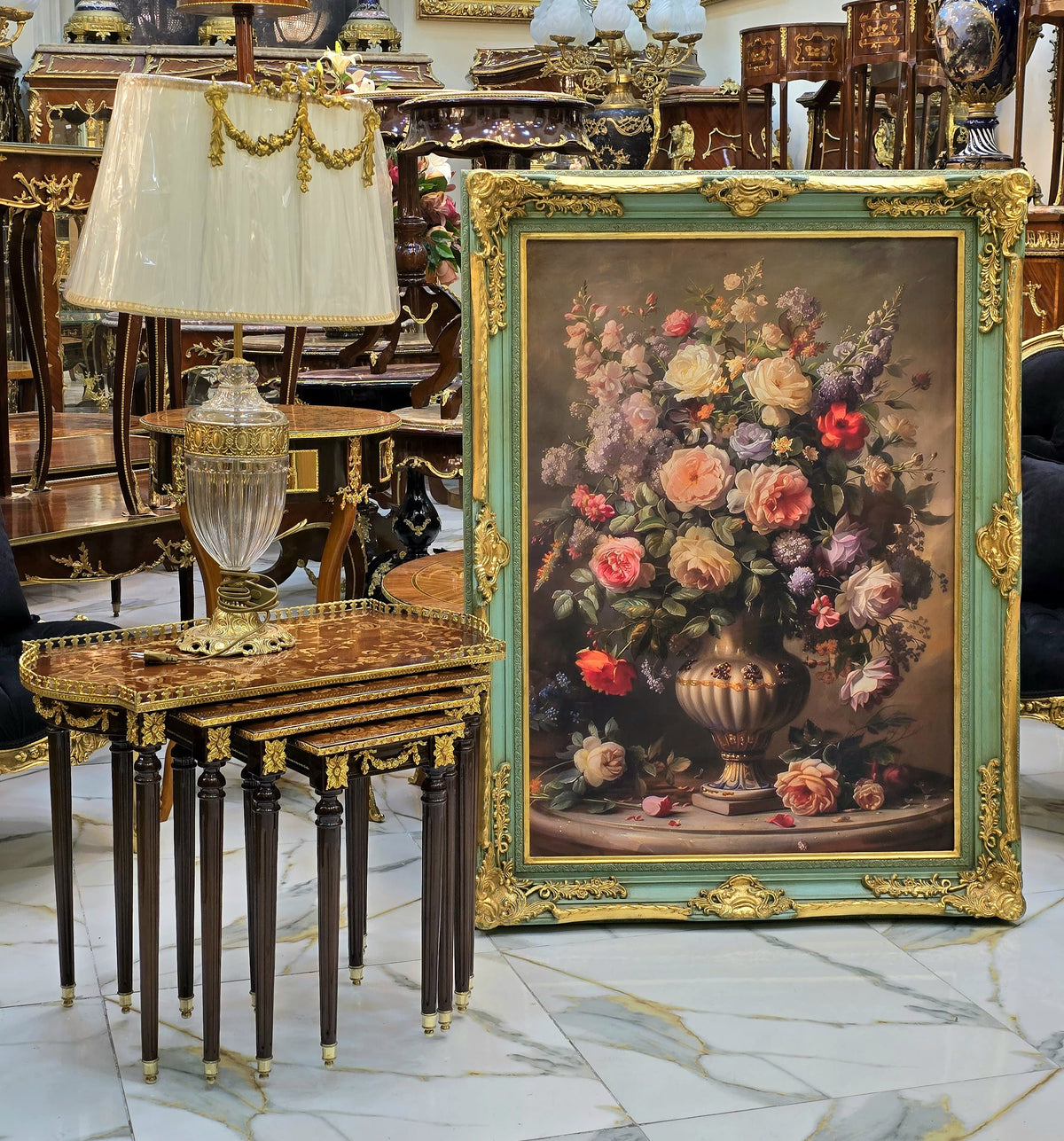 Pastel French Rococo Floral Artwork – Sage Green Frame with Ornate Gold Leaf Details