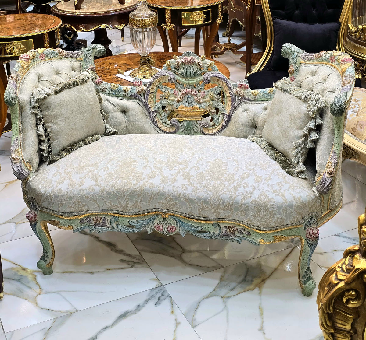 French Rococo-Style Settee – Pastel Floral Upholstery with Ornate Carved Frame