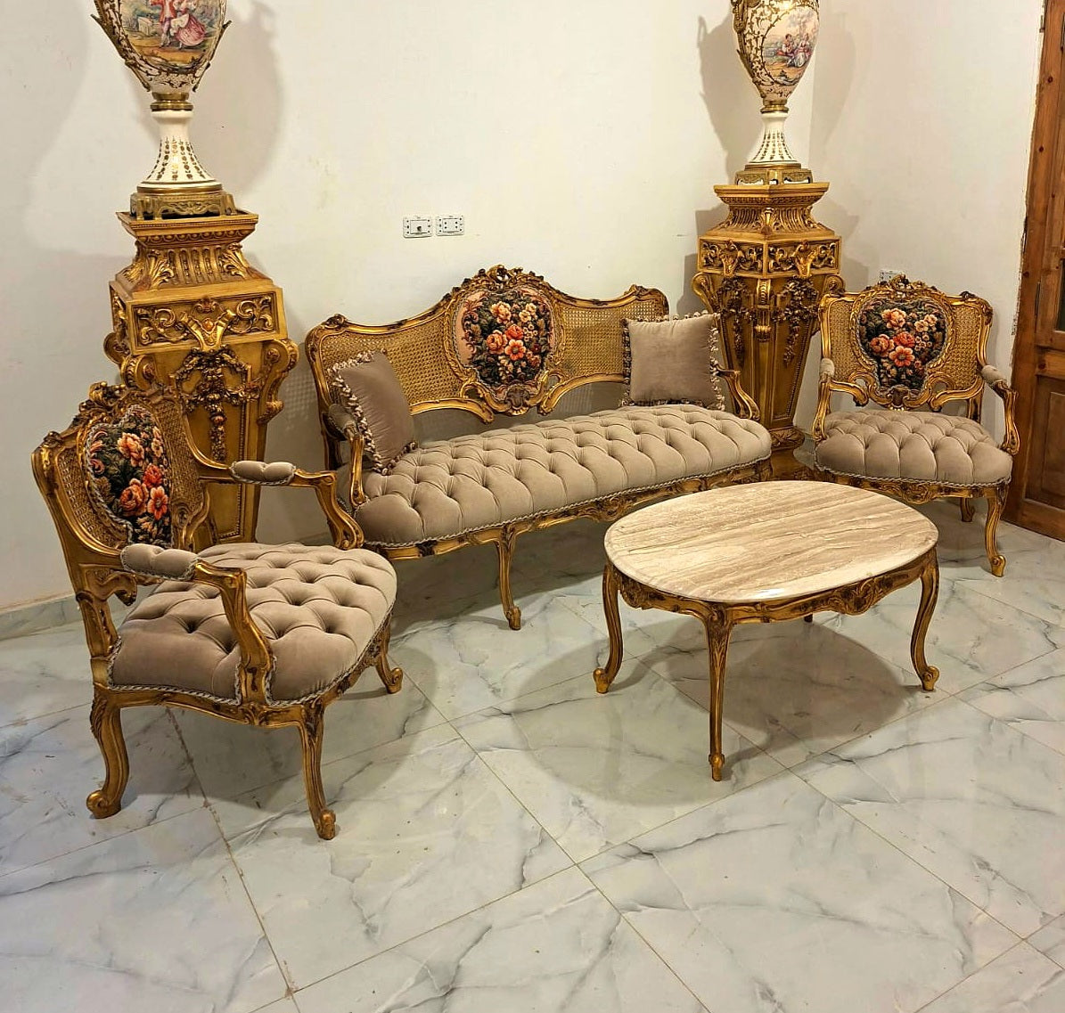 French-Style Living Room Set – Sofa, 2 Armchairs & Marble Top Coffee Table with Gold Leaf