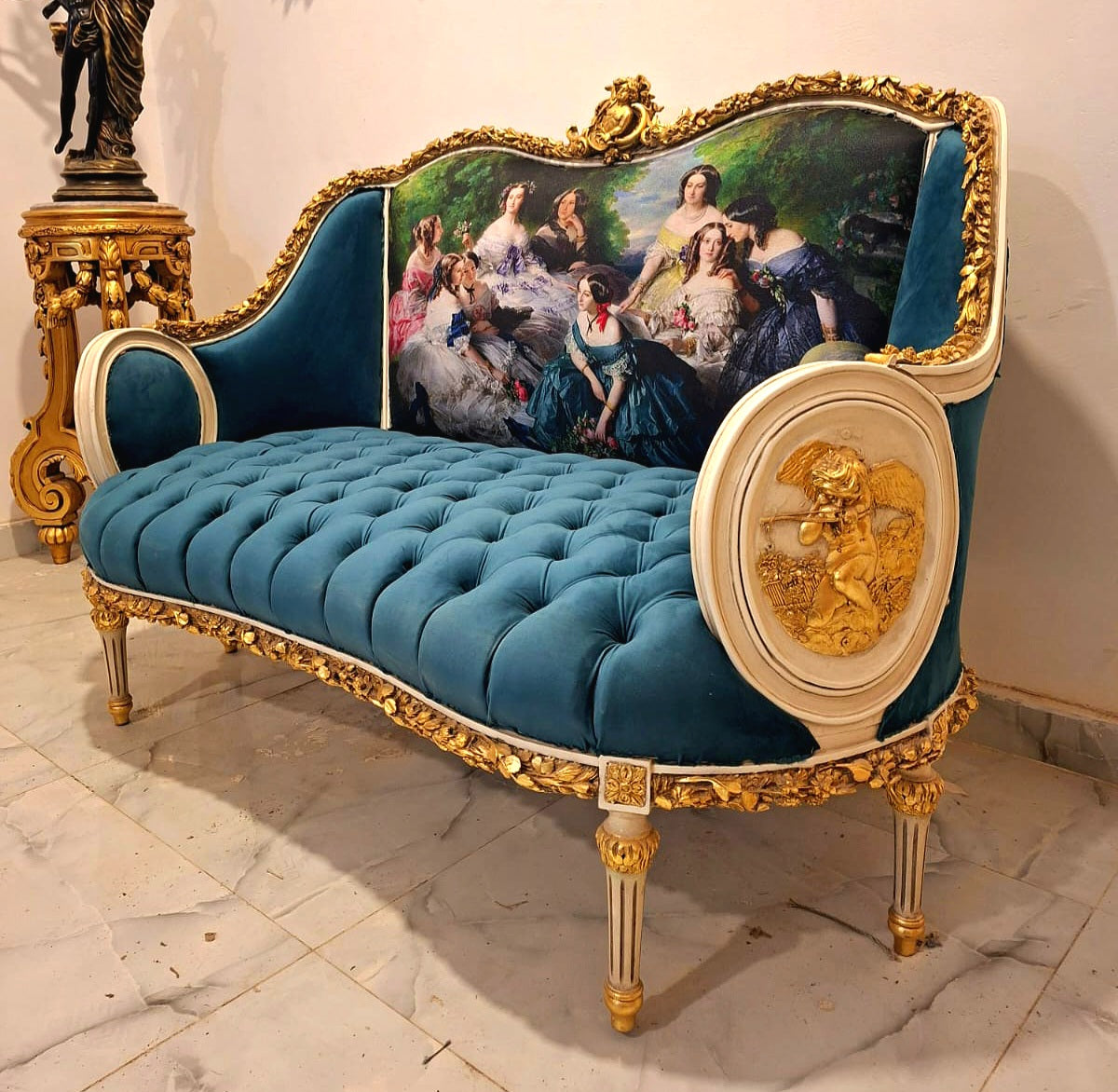 French Rococo Style Sofa – Green Velvet Upholstery, White & Gold Leaf Frame with Romantic Scenic Panel