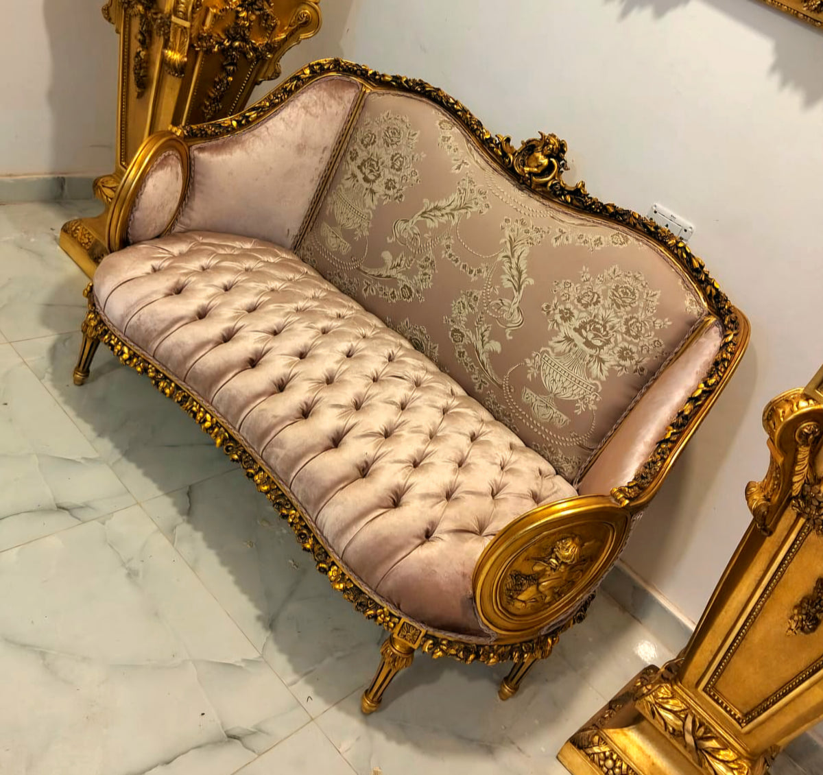 French Rococo Style Sofa – Beige Velvet & Damask Upholstery with Gilded Gold Leaf Frame