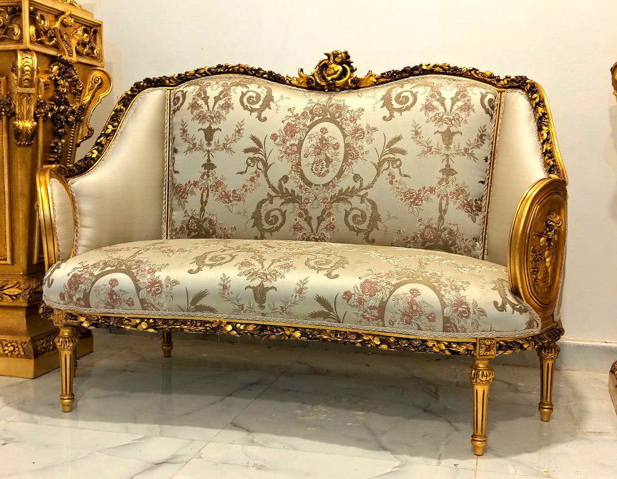 French Louis XVI Style Sofa – Gold Leaf Carved Frame with Elegant Floral Upholstery