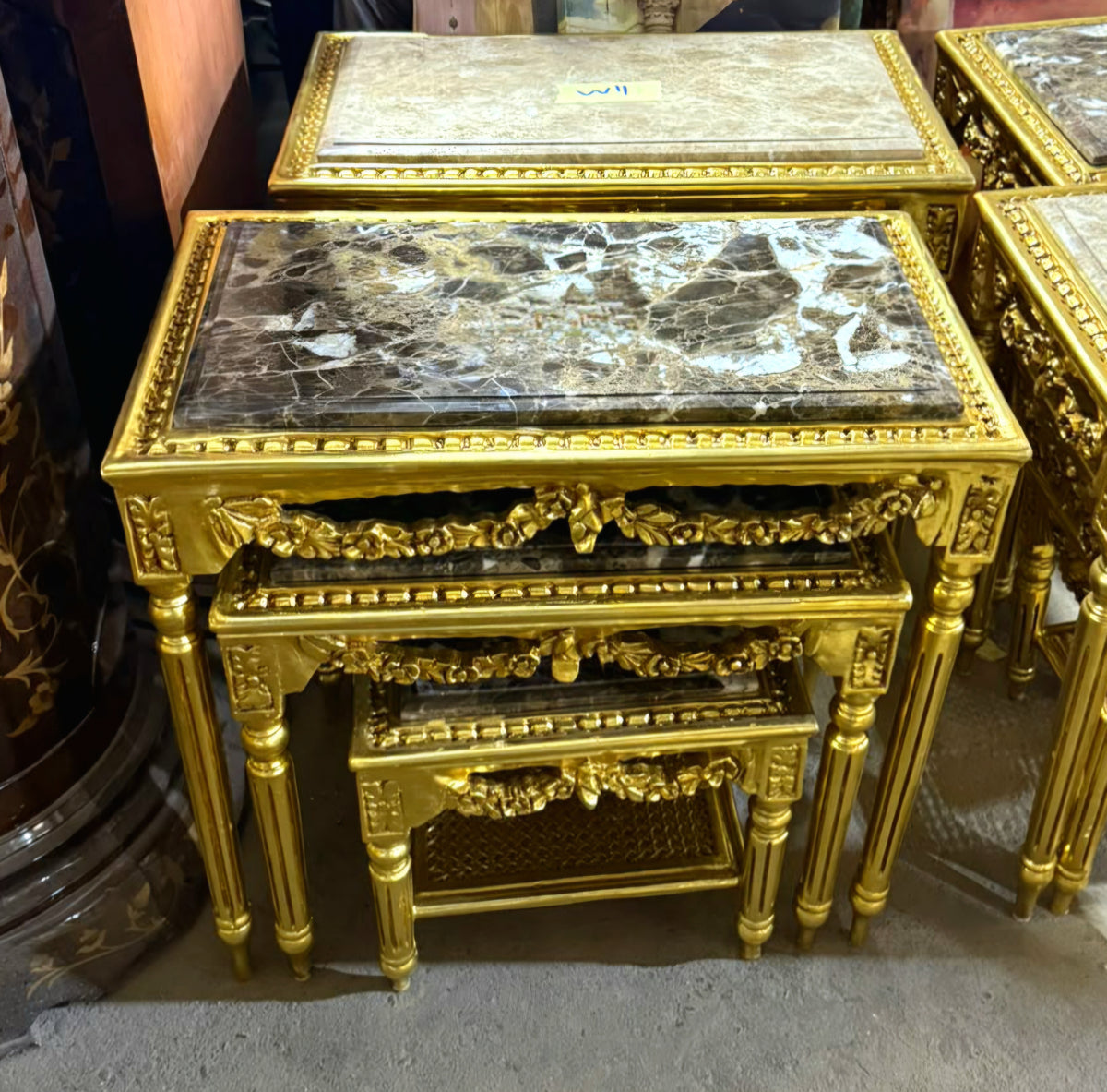French-Style Nesting Tables – Set of 3 Marble-Top Tables with Ornate Gold Leaf Details