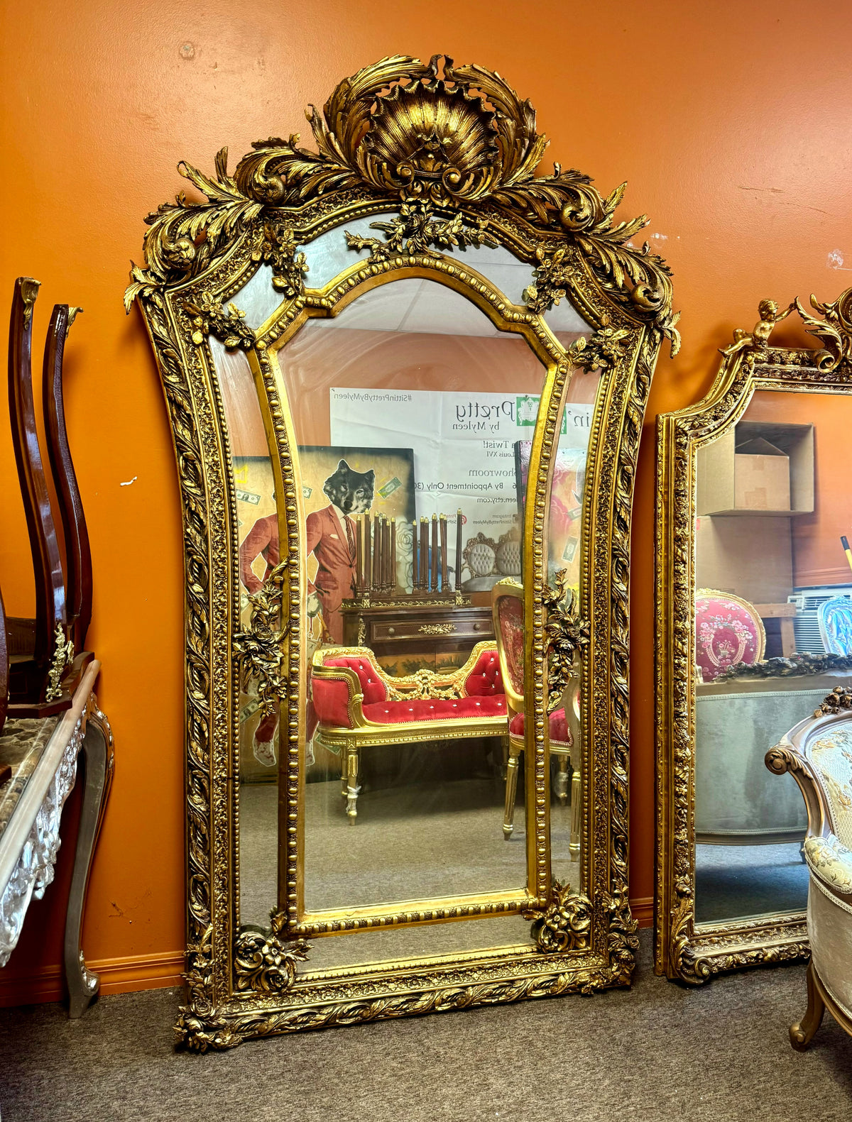 Grand French Rococo Style Mirror – Ornate Carved Gold Leaf Frame with Elaborate Floral Details