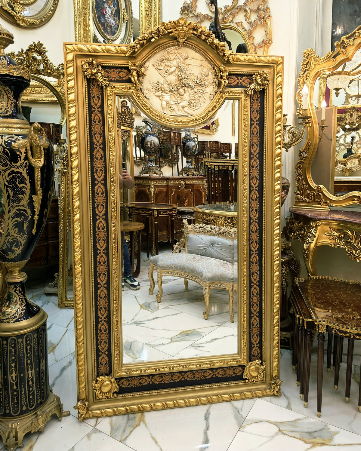 Grand French-Style Gilded Wall Mirror – Ornate Gold Leaf Frame with Cherub Medallion & Blue Decorative Panels