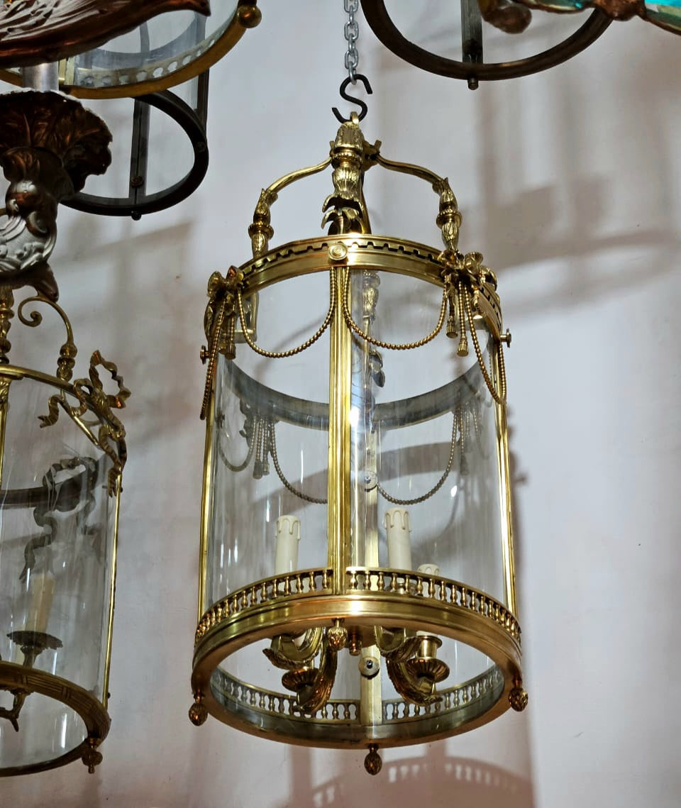 Ornate French-Inspired Lantern Chandelier – Gilded Gold Leaf Frame with Decorative Glass Panels