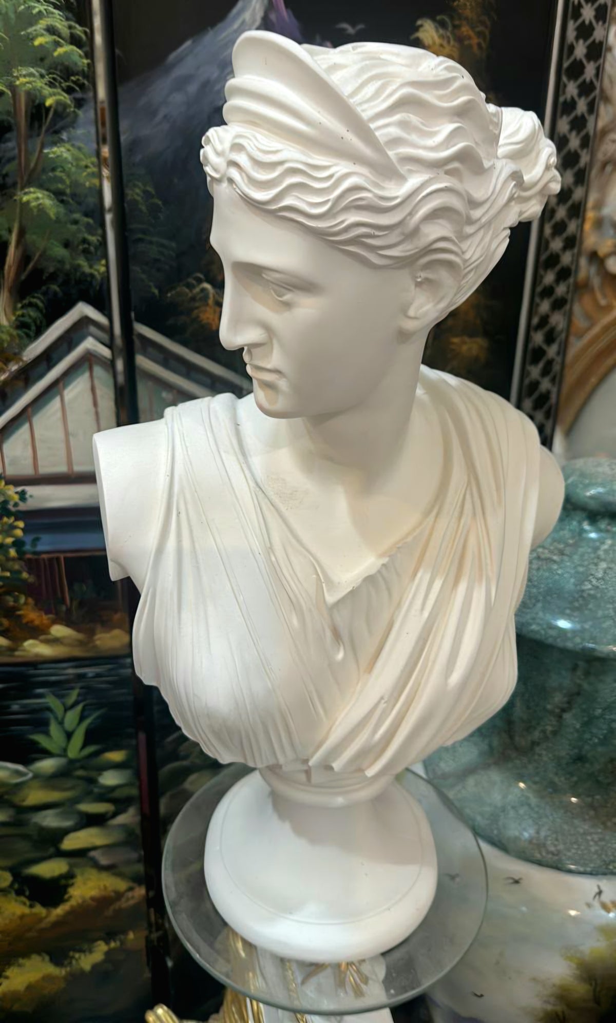 Classical Marble Bust of Apollo – White Sculptural Figure with Flowing Hair and Draped Robes