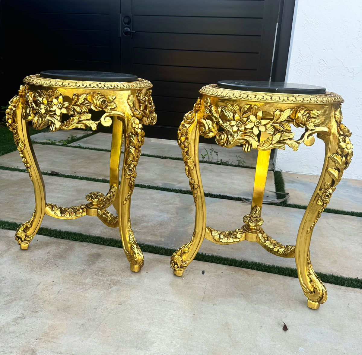 Set of 2 French-Style Gilded Side Tables – Black Marble Tops with Gold Leaf Details