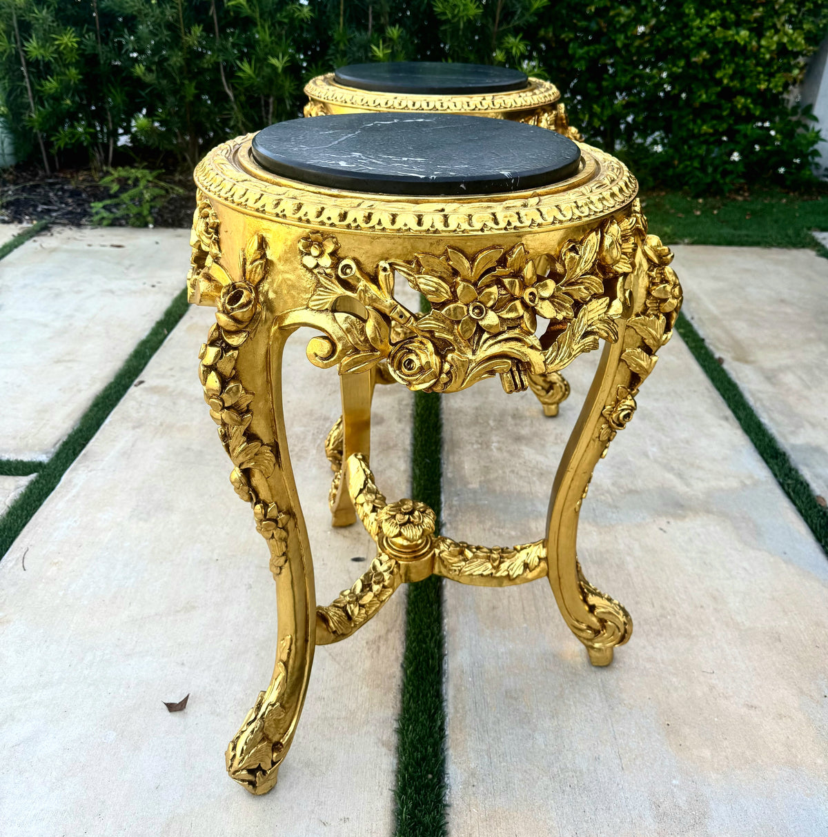 Set of 2 French-Style Gilded Side Tables – Black Marble Tops with Gold Leaf Details